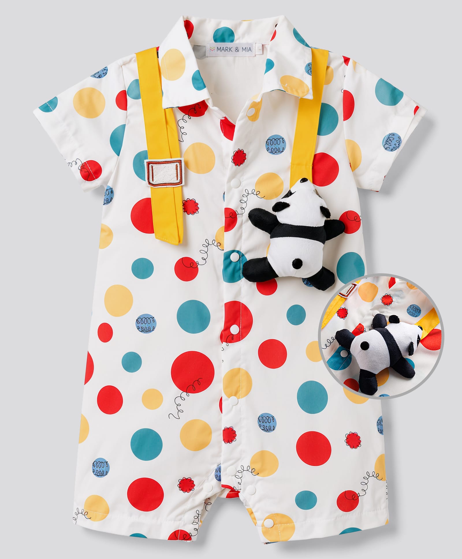 Mark & Mia Half Sleeves Polka Dots Printed Romper With Panda Applique - Multicolor-image-30