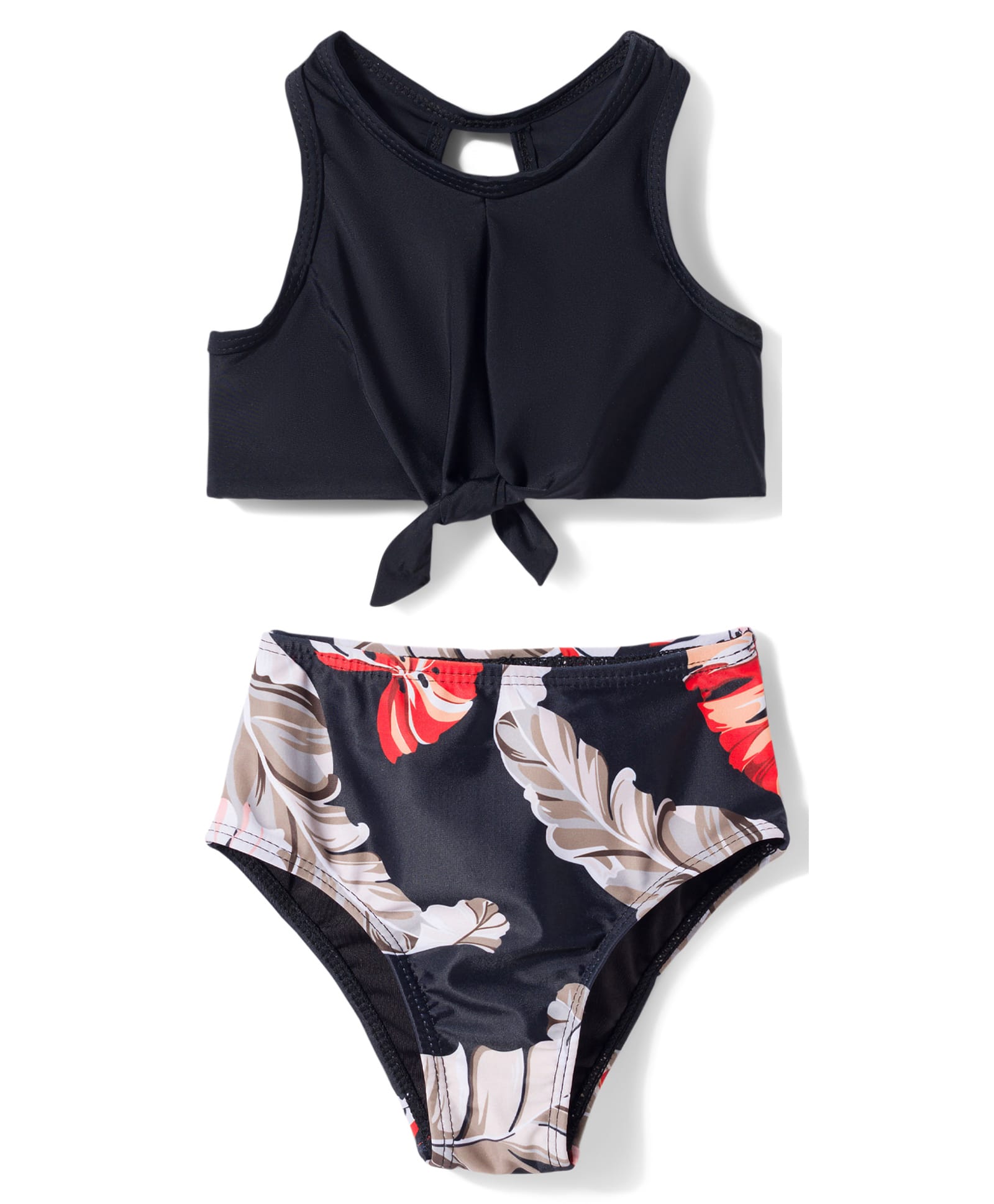 KIDLINGSS Sleeveless Solid Knot Detailed & Leaves Printed 2 Piece Swimsuit - Black-picture-28