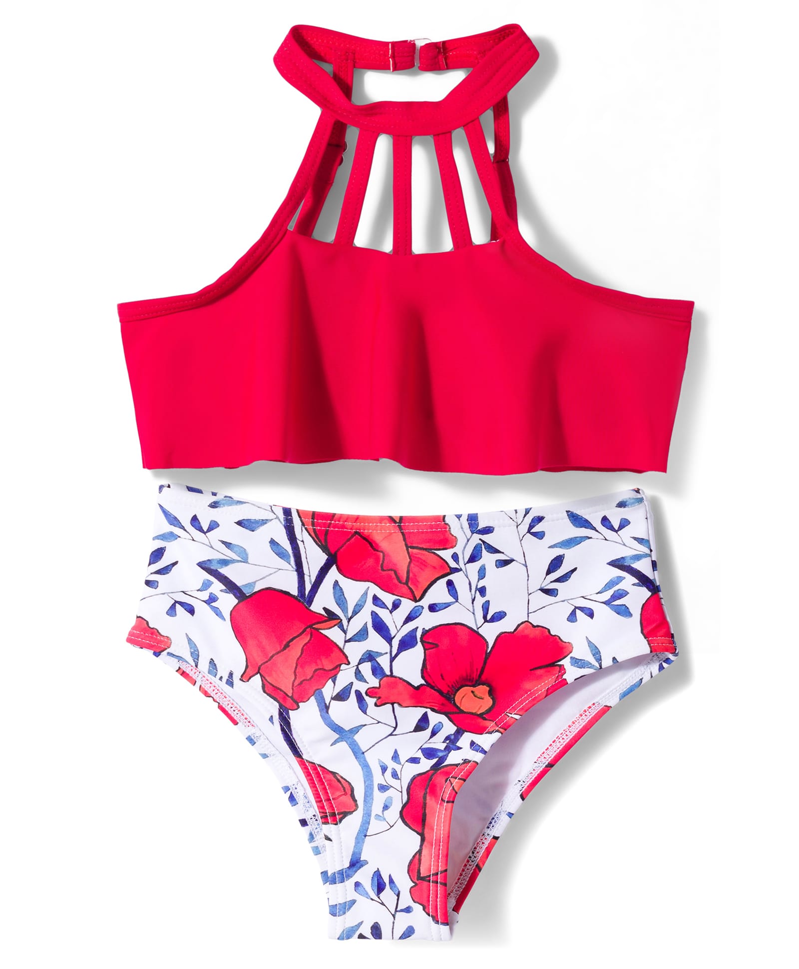 KIDLINGSS Sleeveless Solid & Floral Printed 2 Piece Swimsuit - Red-image-39