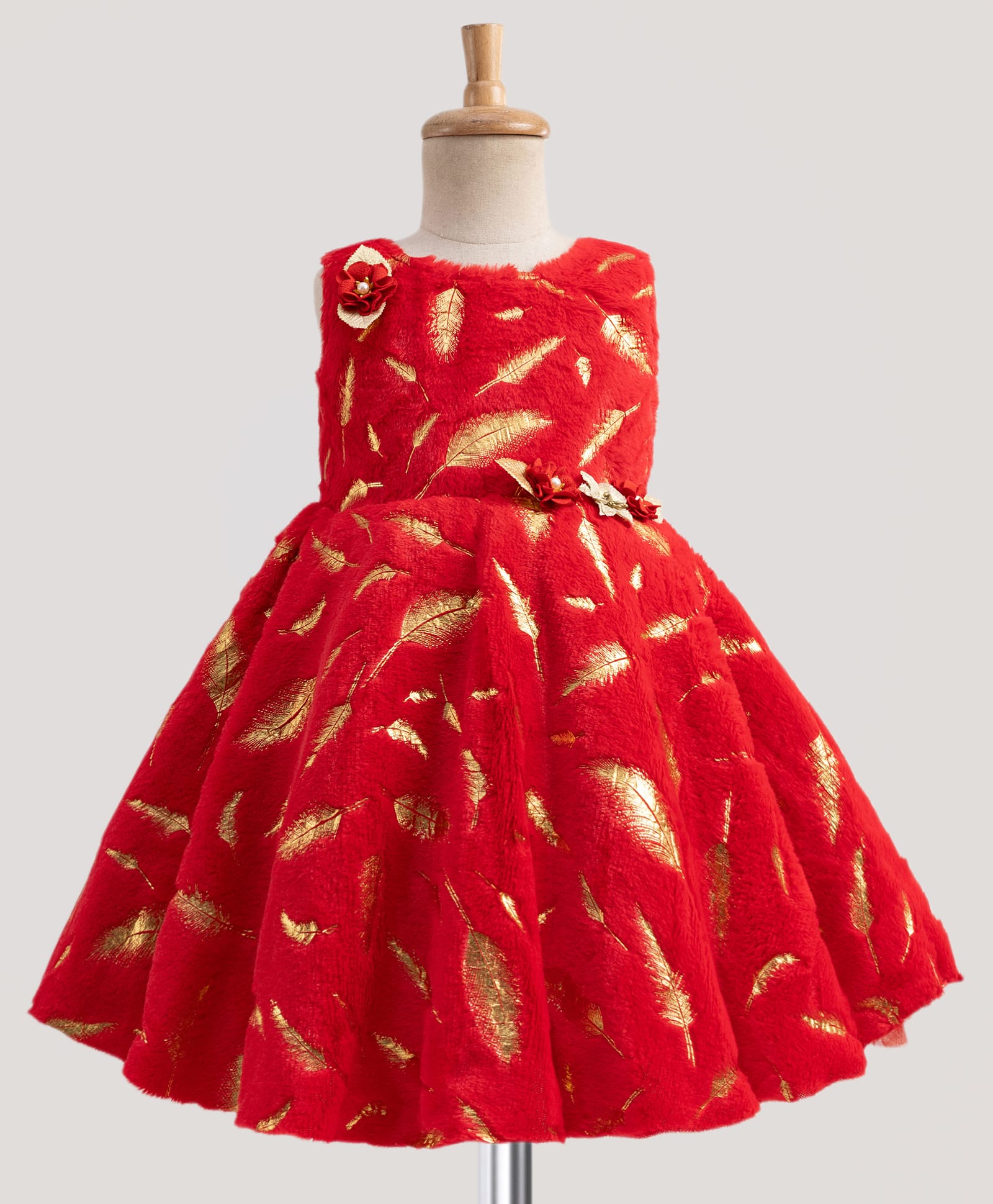 Enfance Fur Woven Sleeveless Leaves Golden Foil Print With Applique Flared Party Dress - Red-picture-11