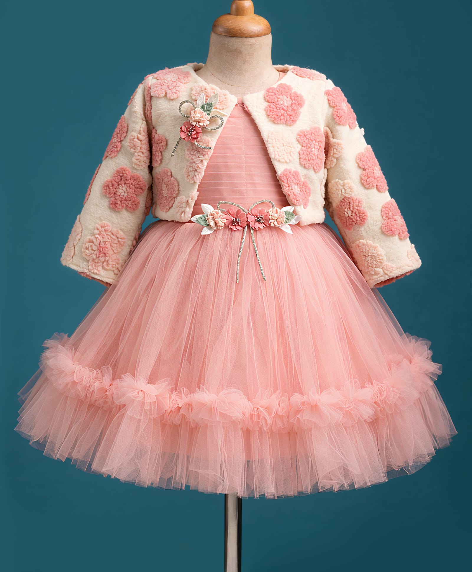 Enfance Woven Full Sleeves Flower Embroidered & Embellished Party Dress With Jacket - Peach-image-39