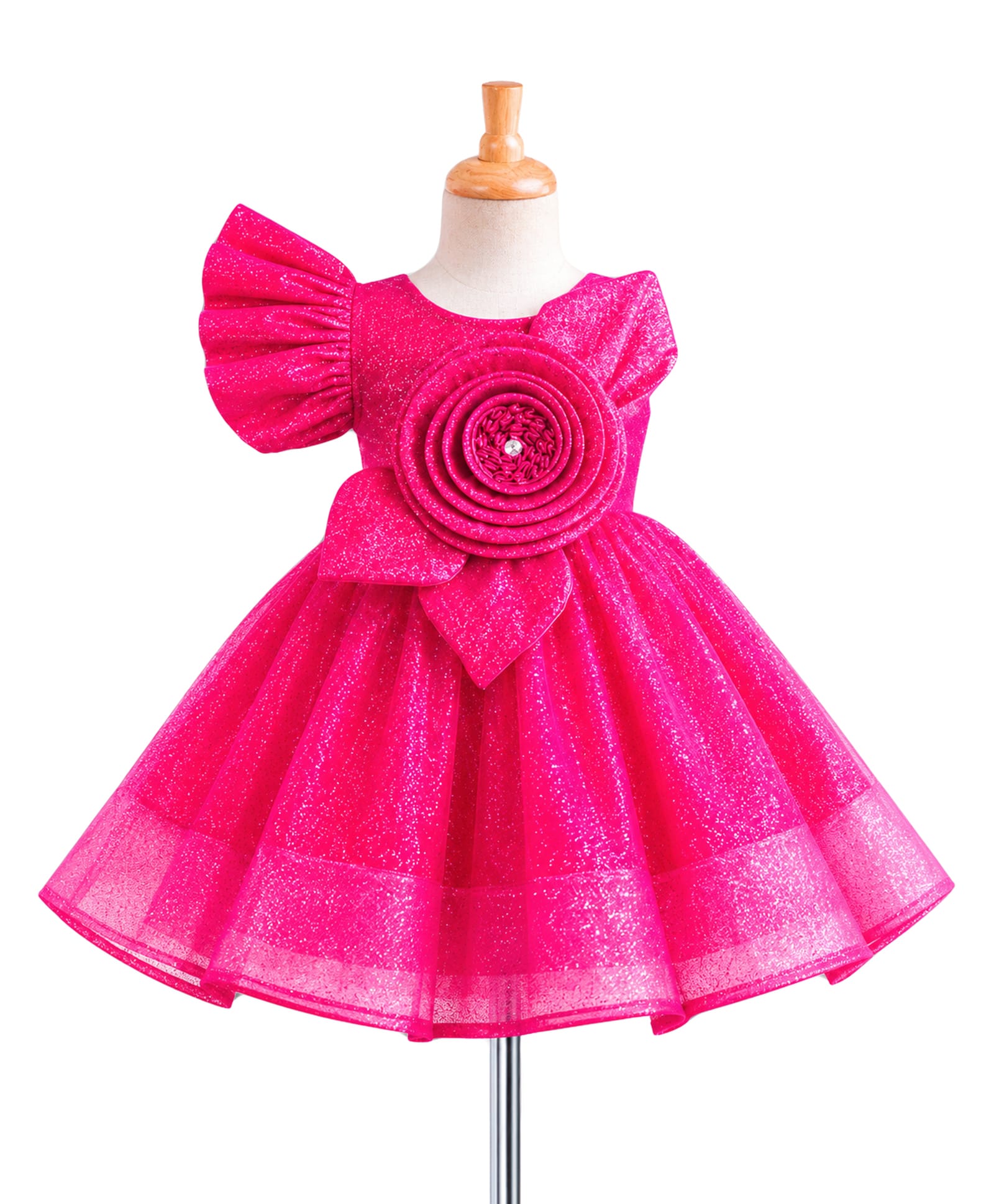 Enfance Woven One Shoulder Flower Applique & Glitter Detailed Party Dress - Dark Pink-picture-15