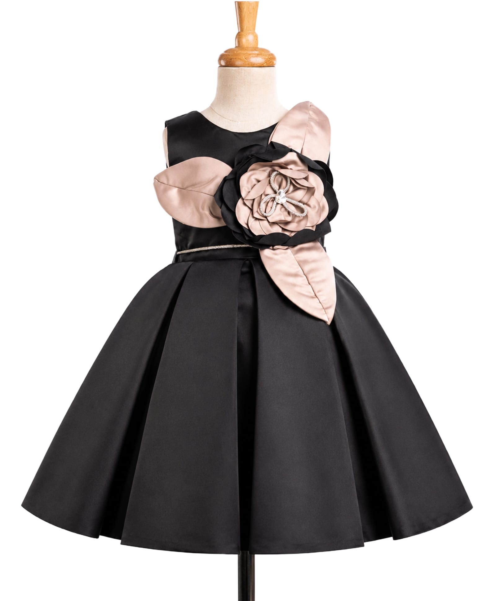 Enfance Silk Woven Sleeveless Flower Applique Pleated Party Dress - Black-image-39