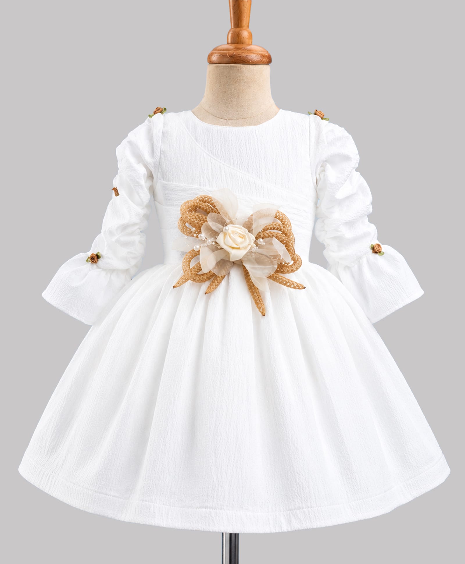 Enfance Woven Full Sleeves Rose Applique Party Dress - White-image-39