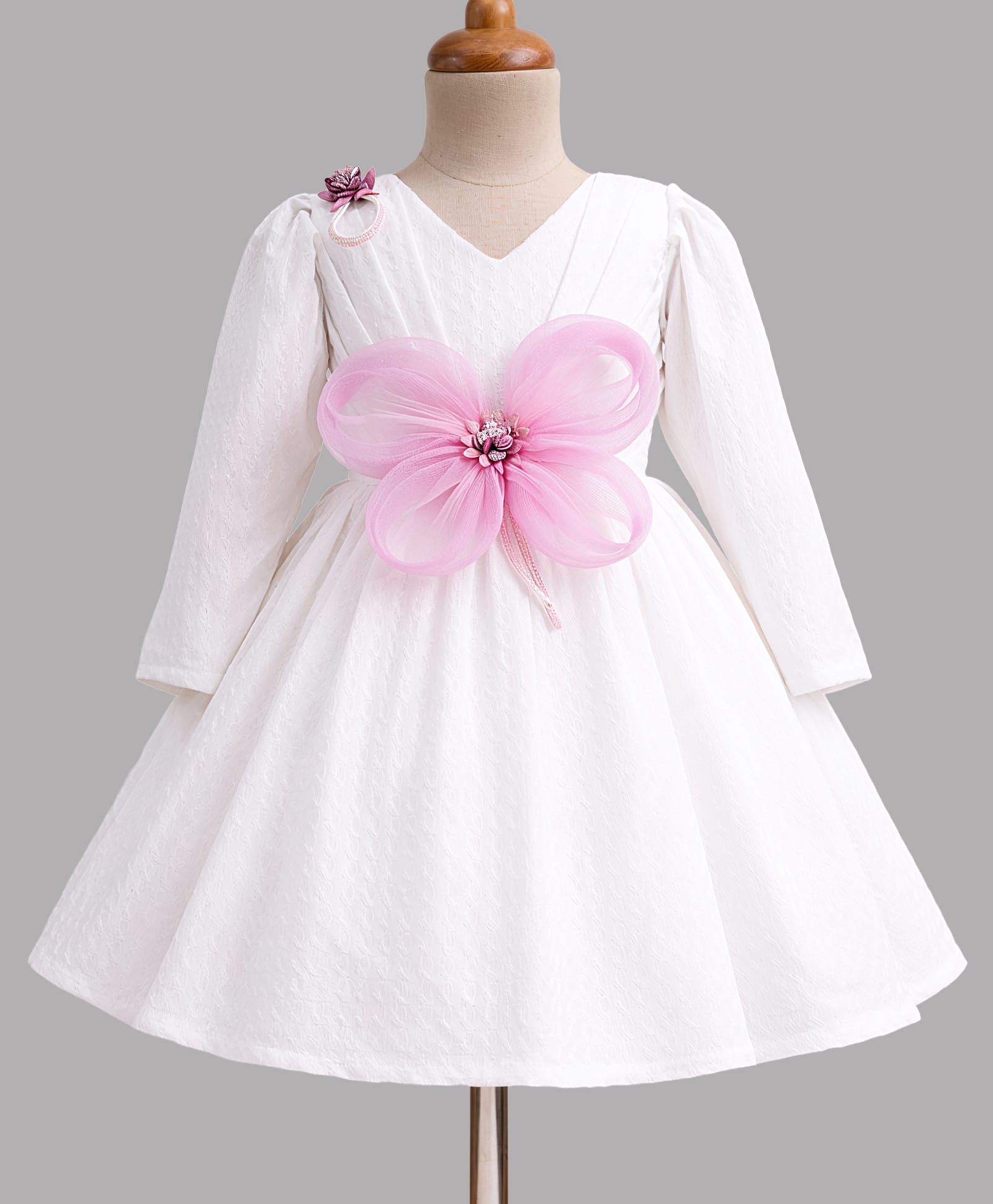 Enfance Woven Full Sleeves Flower Applique Party Dress - White-image-26