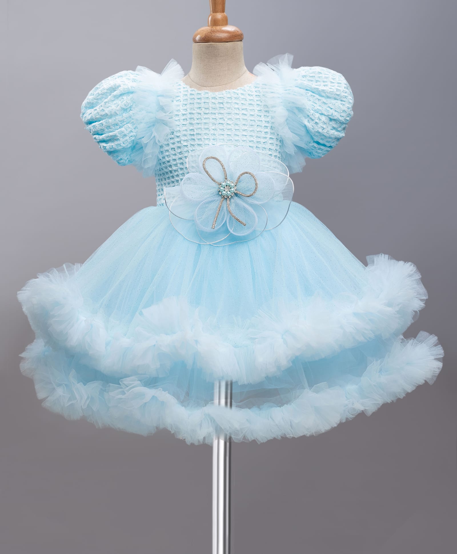 Enfance Net Woven Half Sleeves Flower Applique Layered Party Dress - Sea Green-picture-45