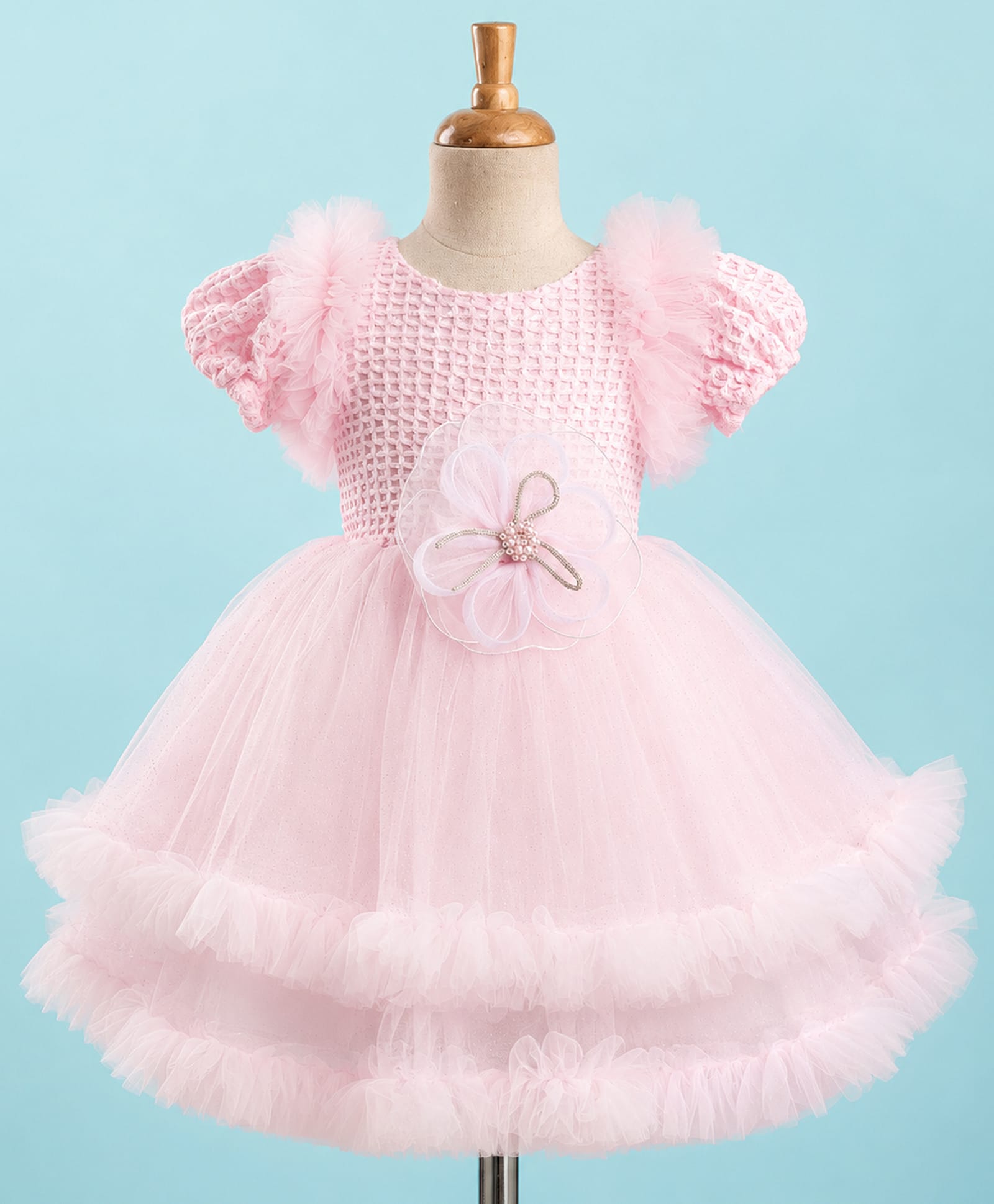 Enfance Net Woven Half Sleeves Flower Applique Layered Party Dress - Pink-picture-28