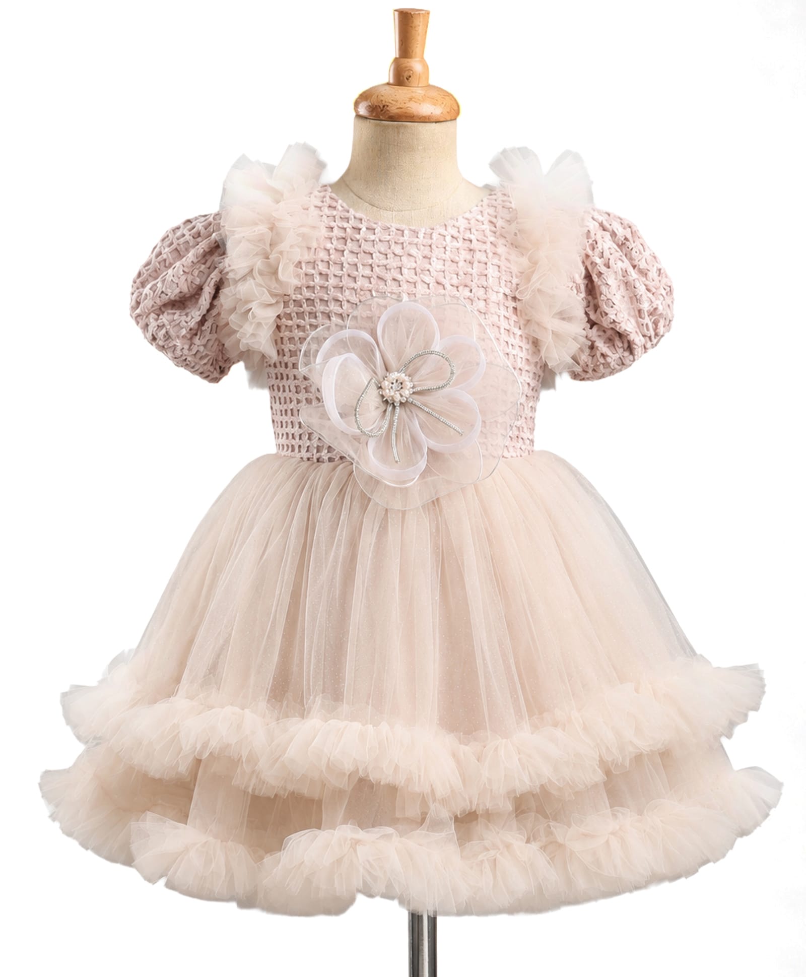Enfance Net Woven Half Sleeves Flower Applique Layered Party Dress - Light Pink-picture-6