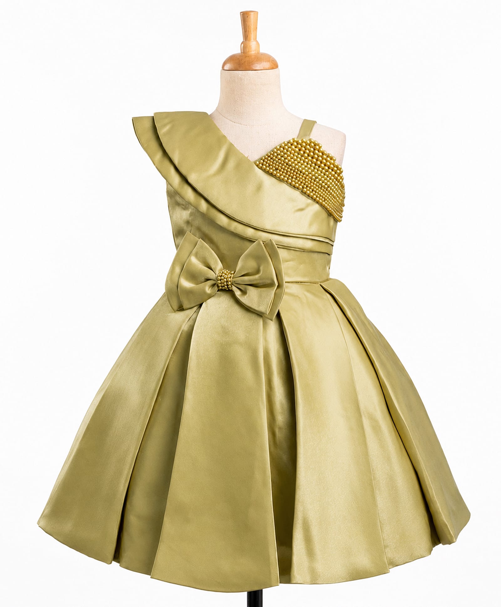 Enfance Woven Sleeveless Pearl Detailed Bow Applique Pleated Party Dress - Mustard-image-9