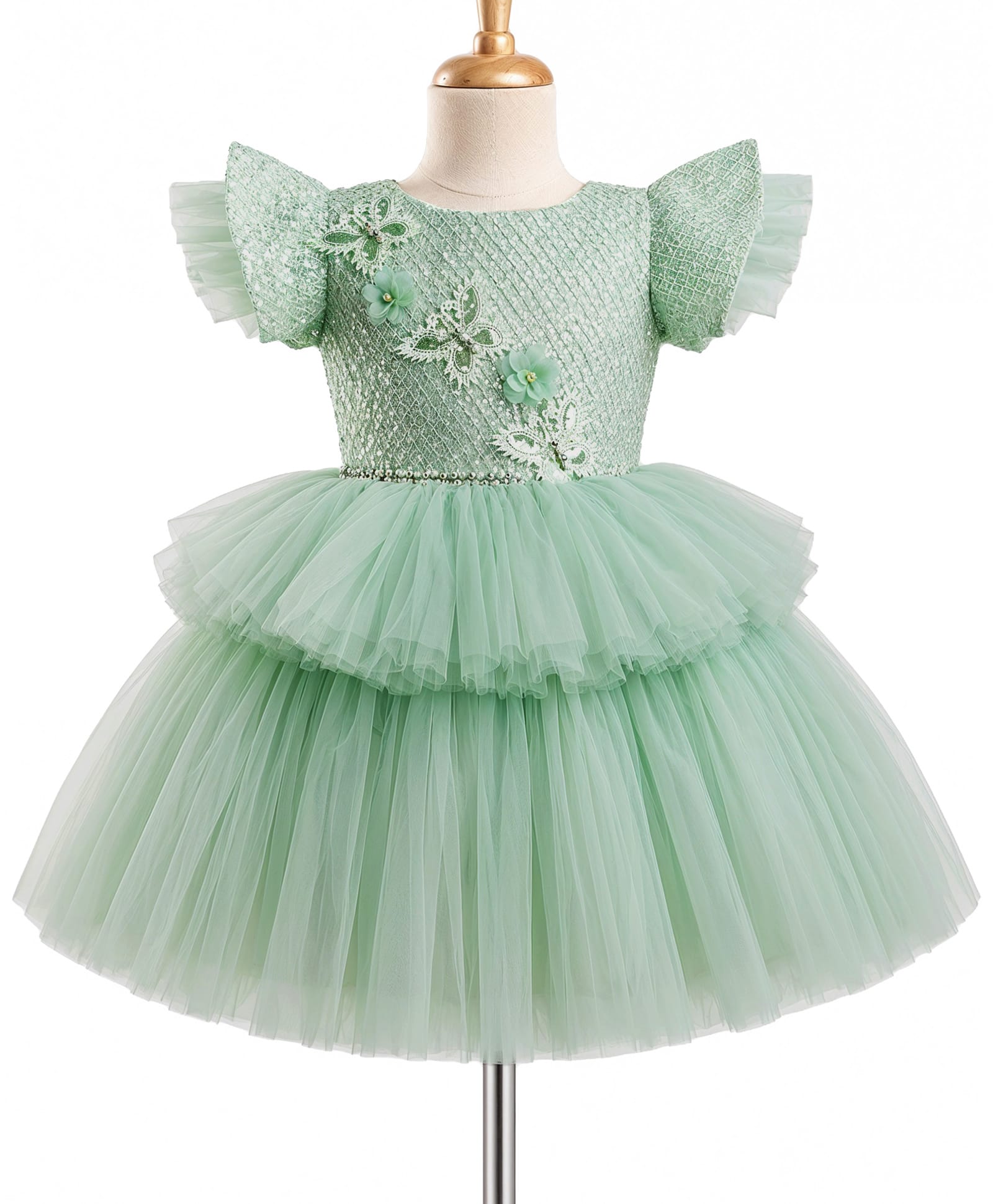 Enfance Woven Half Sleeves Butterfly & Pearl Detailed Laced Layered Party Dress With Sequin Detailing - Light Green-picture-17