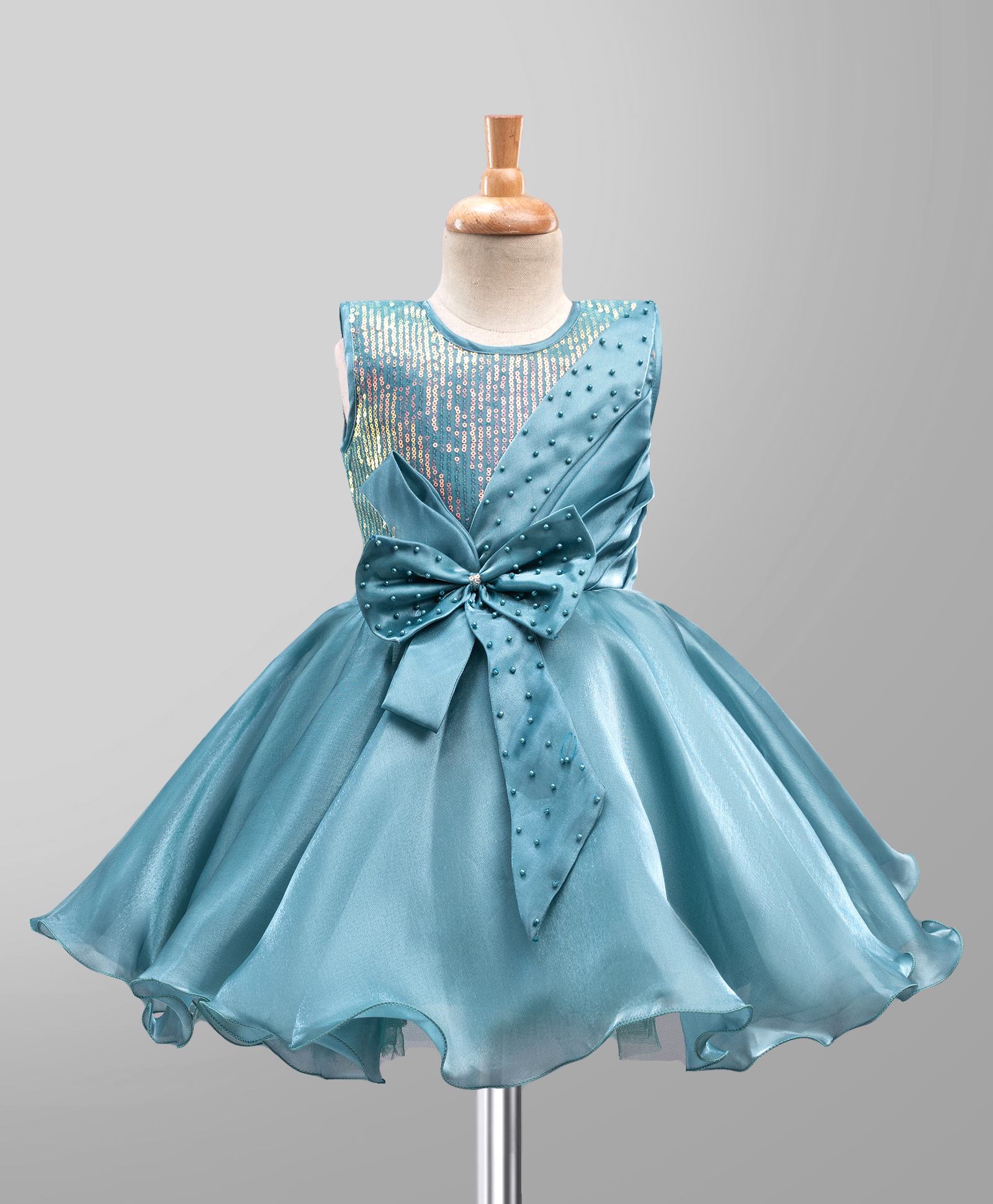 Enfance Woven Sleeveless Sequin Pearl & Bow Detailed Party Dress - Teal Blue-image-11