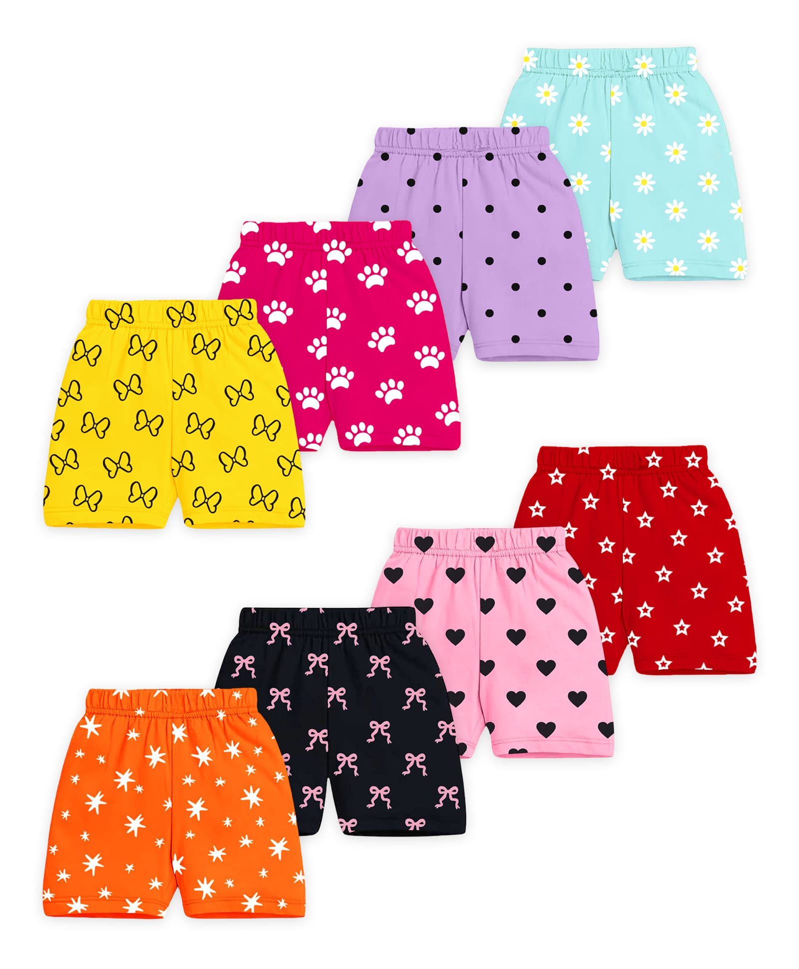 KUCHIPOO Cotton Blend Knit Pack Of 8 Butterfly Floral & Hearts Printed Shorts - Multi Colour-picture-21