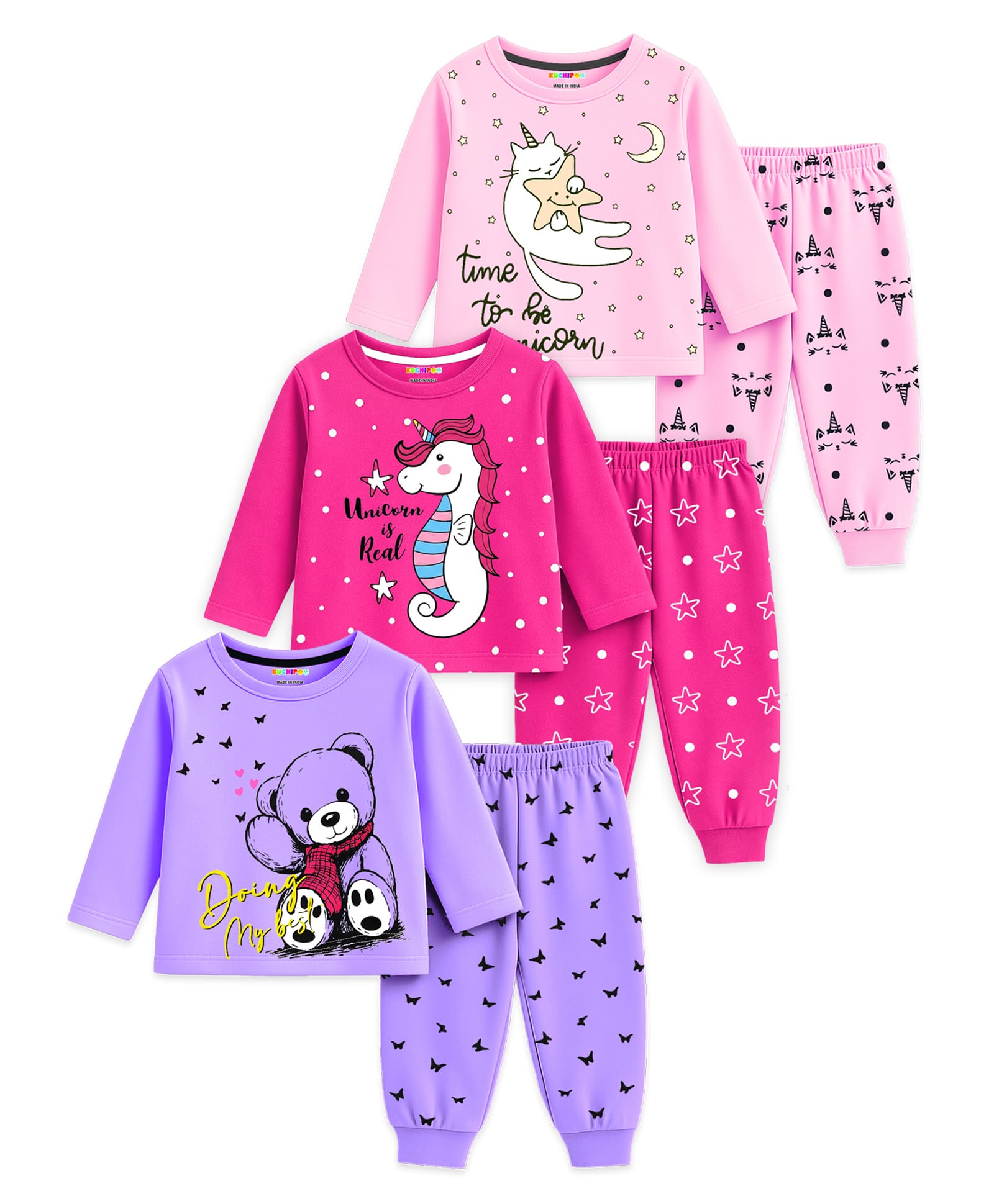 KUCHIPOO Cotton Blend Knit Pack Of 3 Full Sleeves Sea Horse & Teddy Bear Printed Tees & Pajamas Set - Light Pink Dark Pink Purple Lavender-image-43