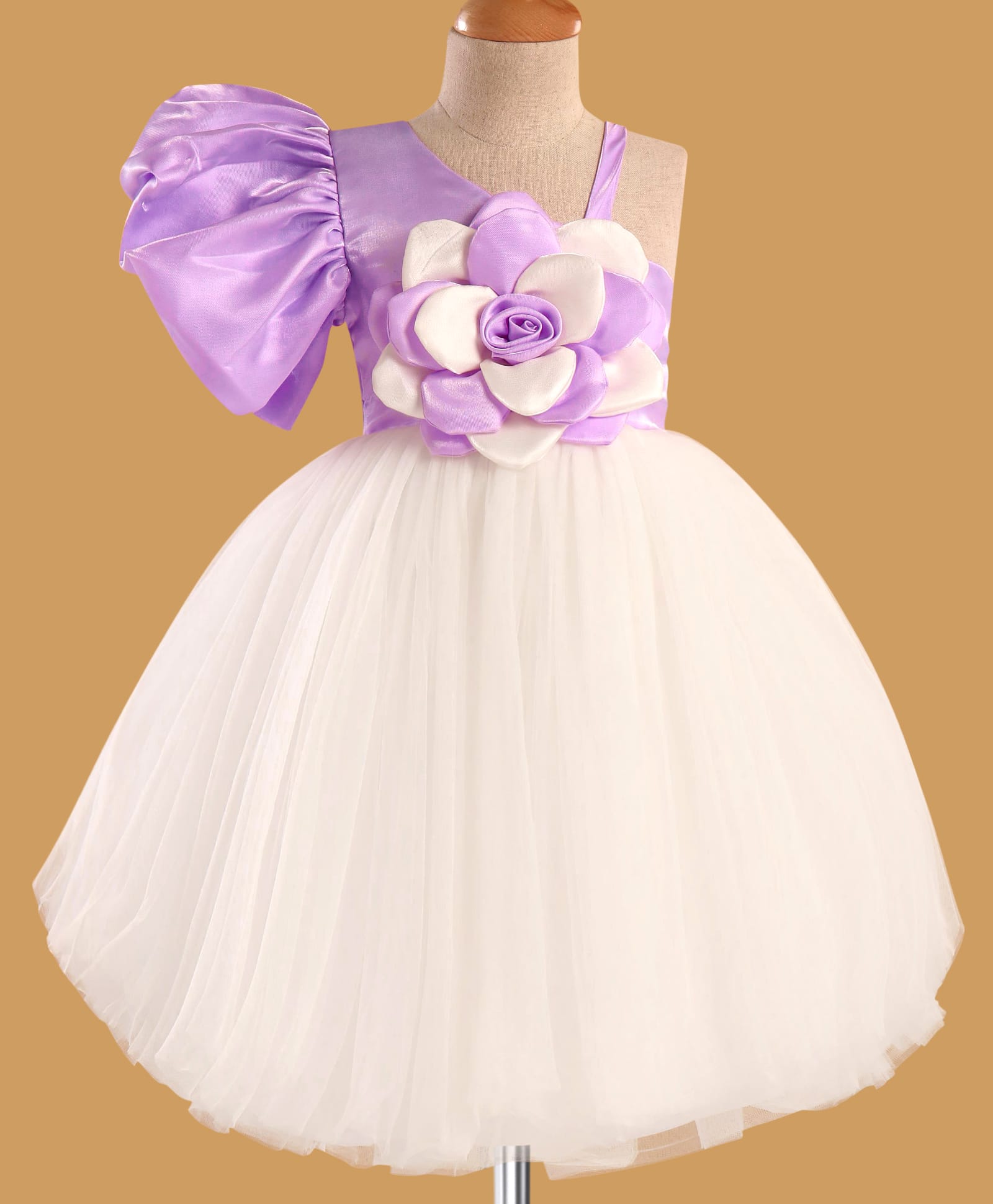 Enfance Woven One Shoulder Sleeves Flower Applique Party Dress - White-picture-45