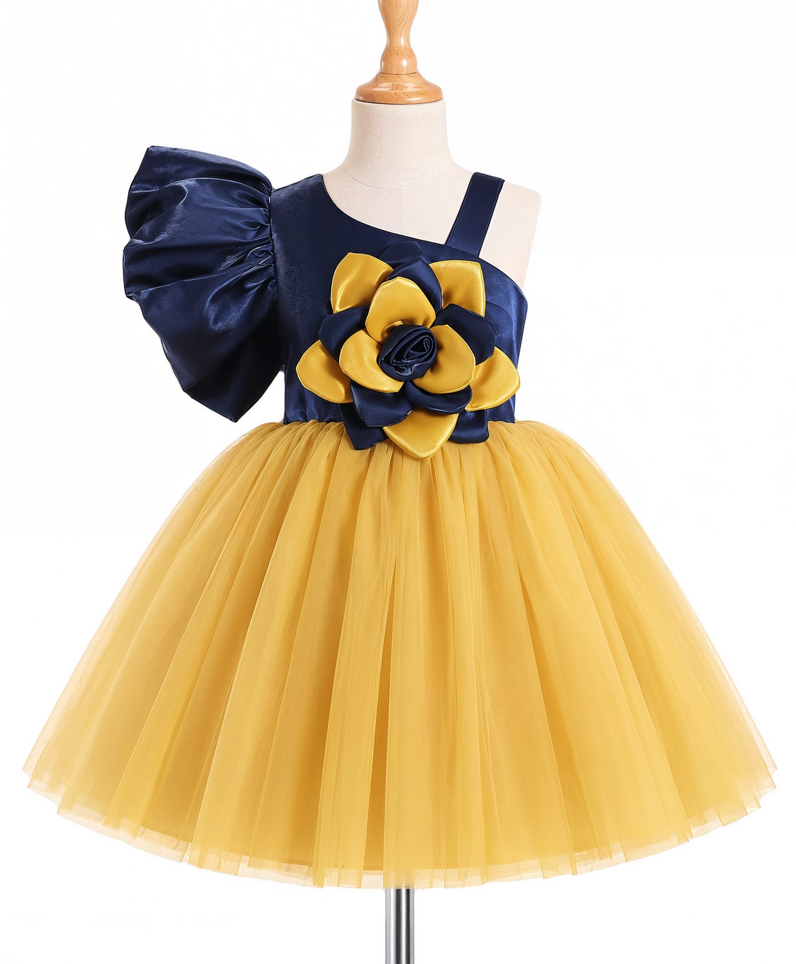 Enfance Woven One Shoulder Flower Applique Party Dress - Mustard-image-8
