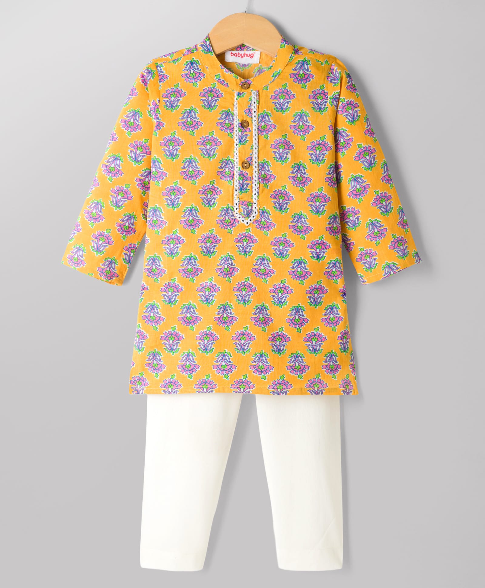 Babyhug 100% Cotton Cambric Woven Full Sleeves Floral Printed Kurta & Pyjama Set - Yellow-picture-33