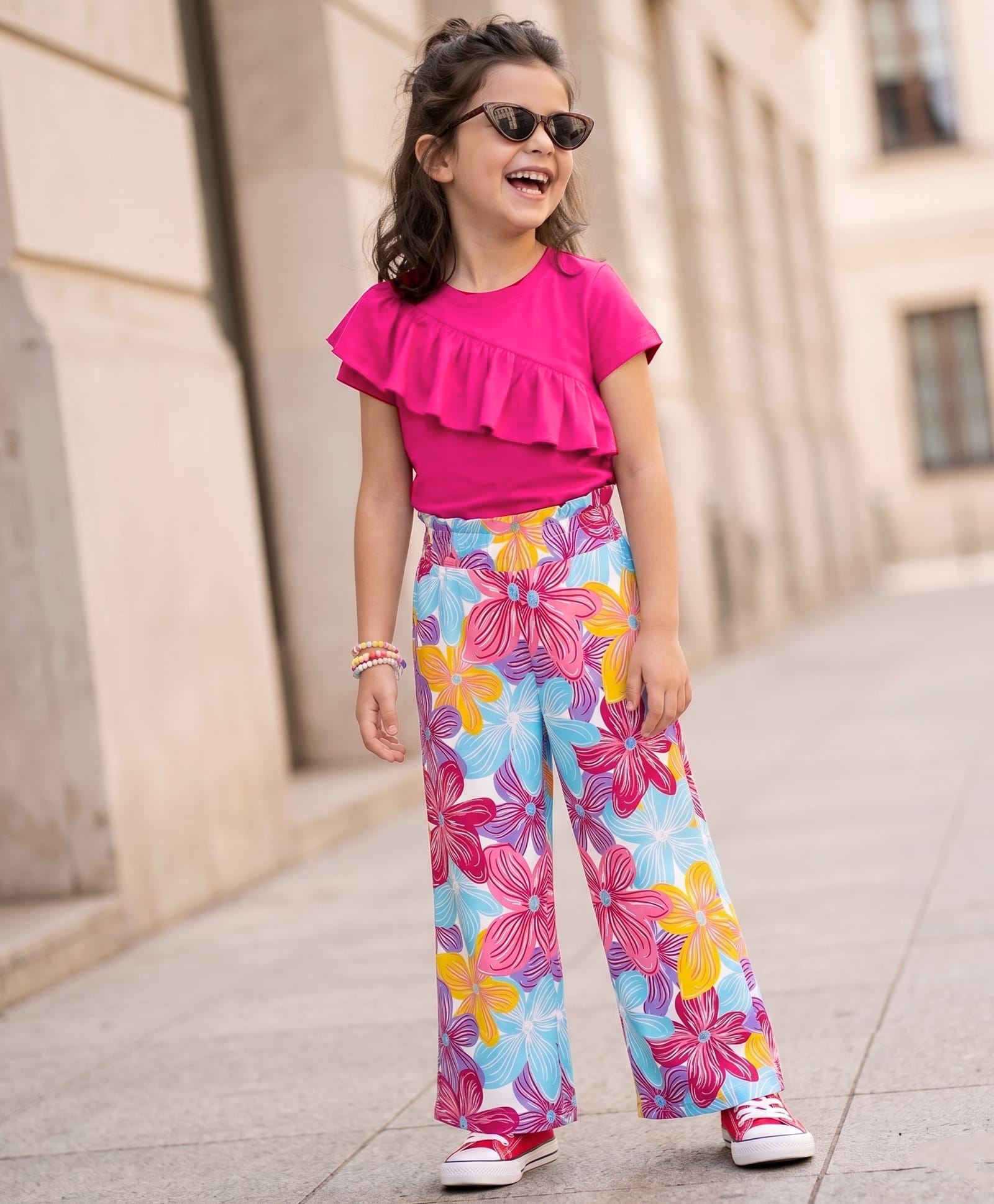 Ollington St. Sinker Knit Half Sleeve Frill Top & Floral Printed Culottes - Red & Pink-image-26