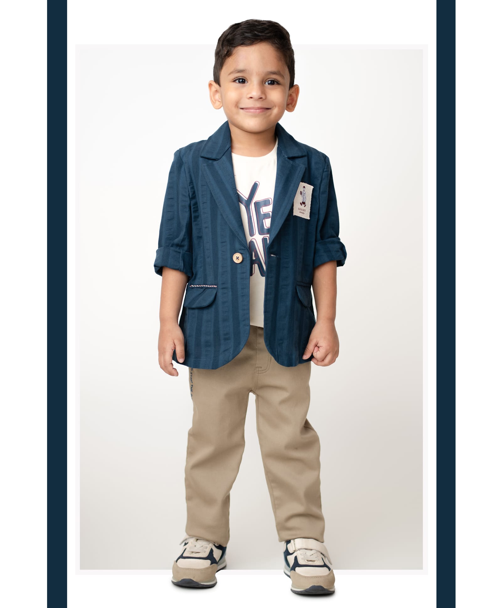 LITTLE COLLARS Cotton Woven Full Sleeves Striped Blazer With Tee & Pants Set - Blue-picture-17
