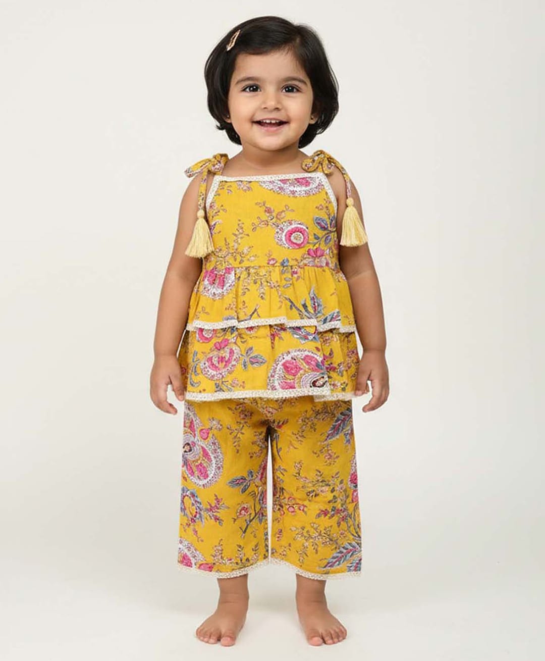 Baby Moo Cotton Woven Sleeveless Frill Detailed & Floral Printed Coordinating Top & Pants Set - Mustard-picture-17