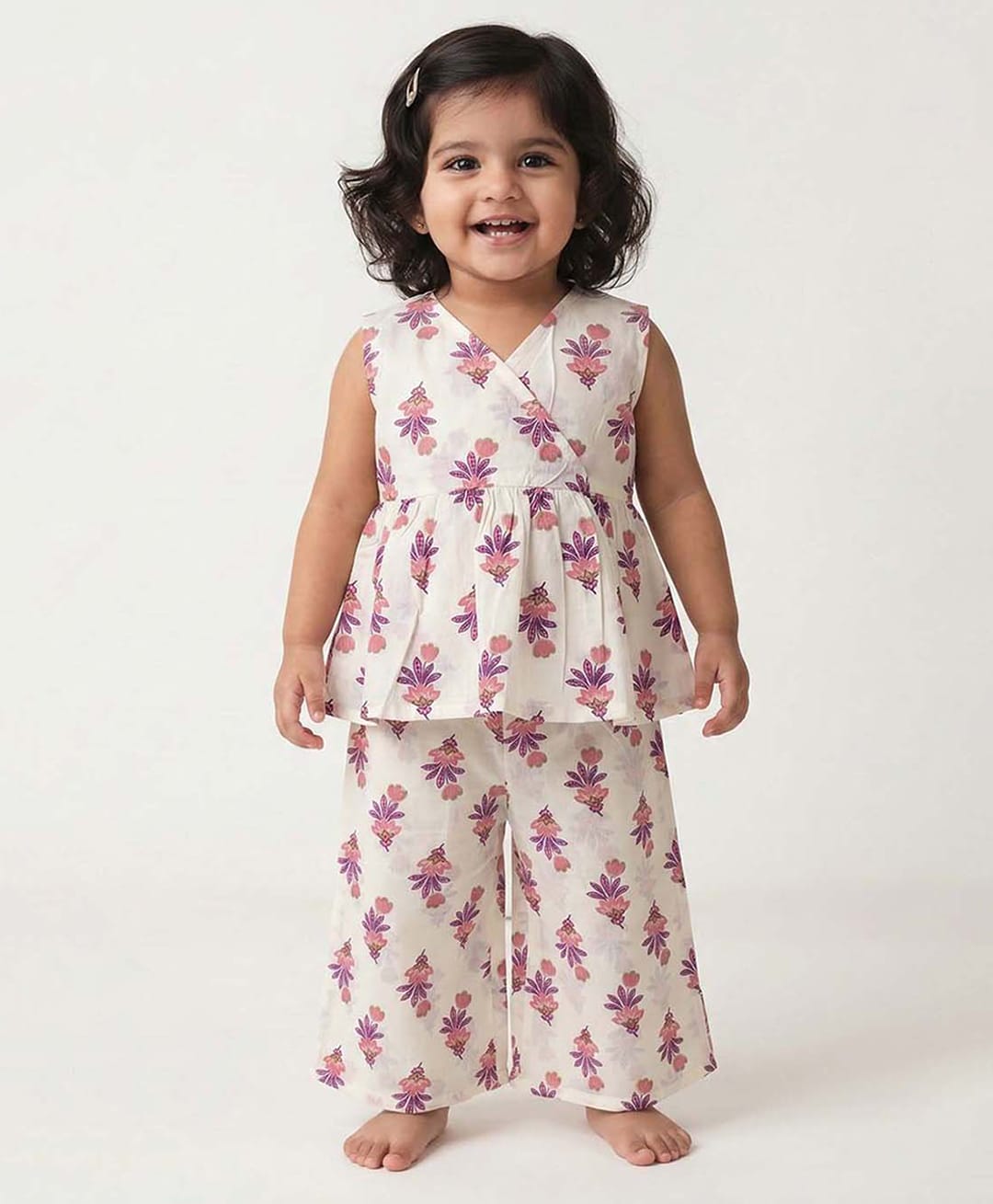 Baby Moo Cotton Woven Sleeveless Floral Printed Coordinating Top & Pants Set - White-image-1