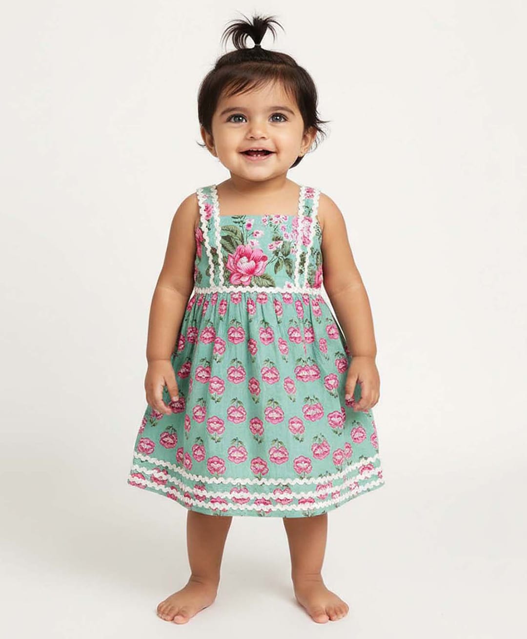 Baby Moo Cotton Woven Sleeveless Ric Rac Lace Embellished & Floral Printed Dress - Sea Green-picture-36