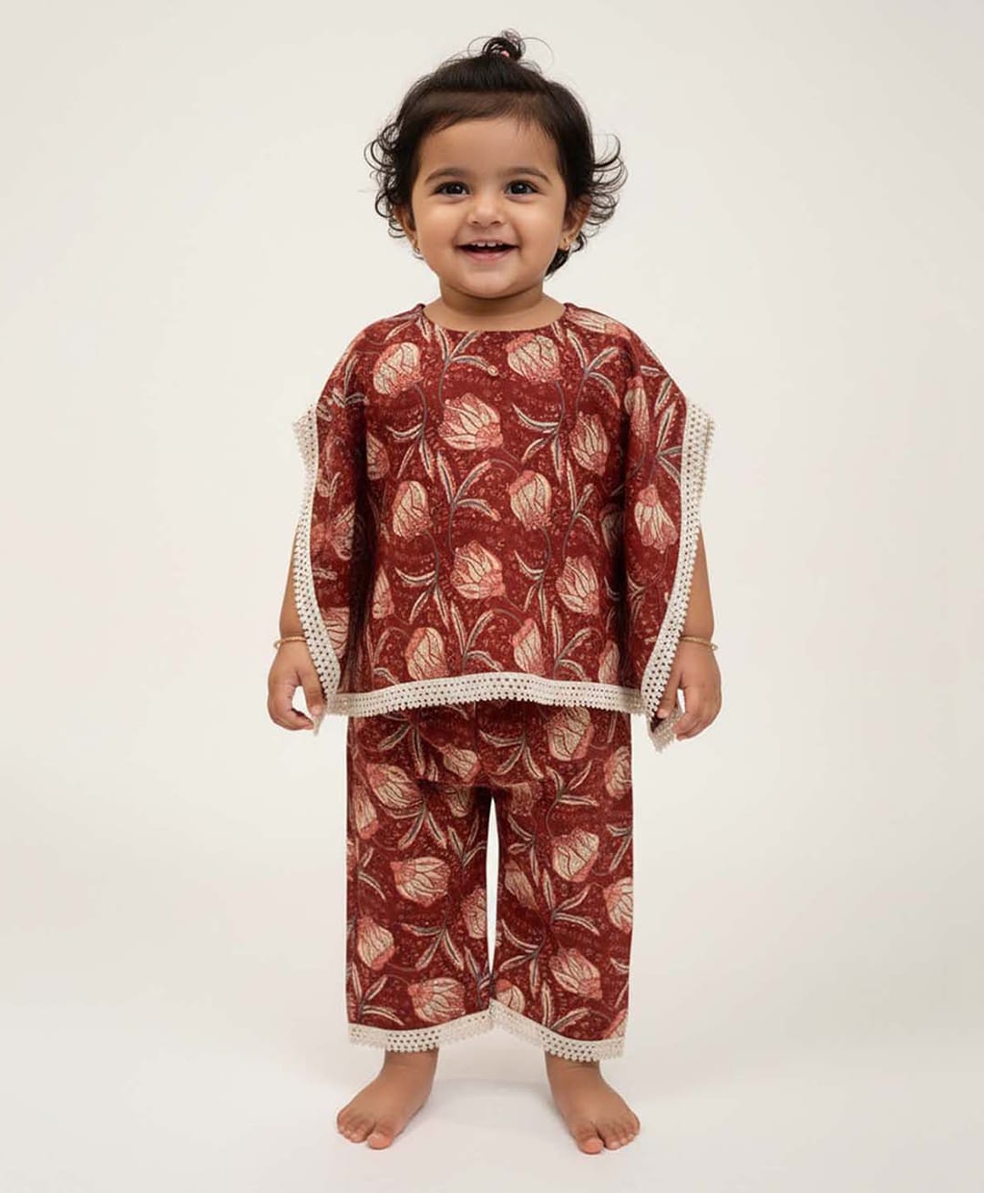 Baby Moo Cotton Woven Batwing Sleeves Floral Printed Coordinating Kaftan Top & Pants Set - Maroon-image-48