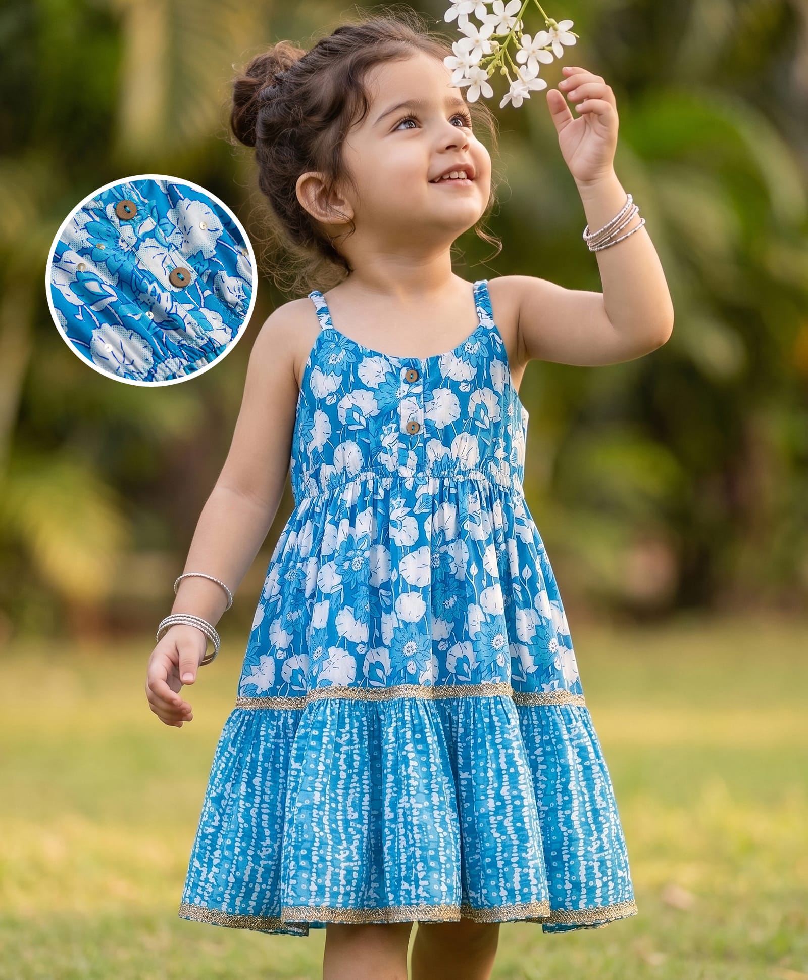 Babyhug Cambric Woven Sleeveless Ethnic Dress With Floral Print - Blue-image-48