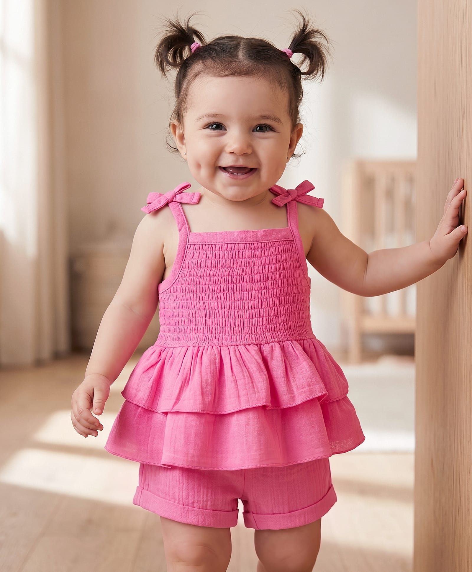 Babyoye Cotton Woven Sleeveless Double Gauze Solid Top & Shorts Co-ord Set - Pink-image-49