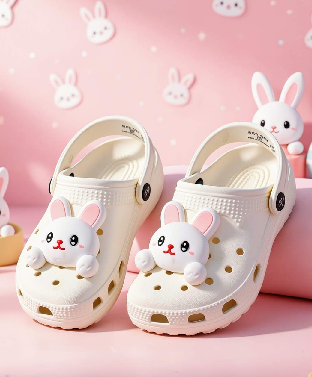 Yellow Bee Bunny Applique Detailed Perforated Slingback Clogs - White-image-35