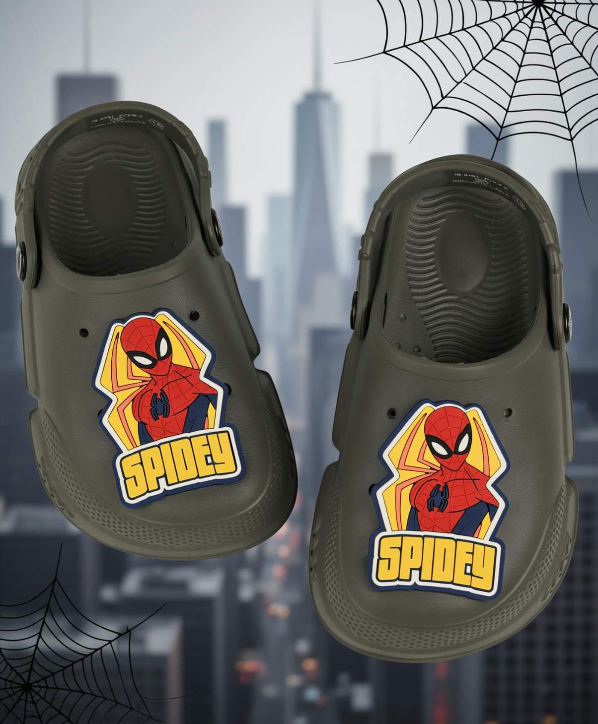 Yellow Bee Marvel Featuring Spider Man Applique Detailed Perforated Slingback Clogs - Olive Green-picture-26