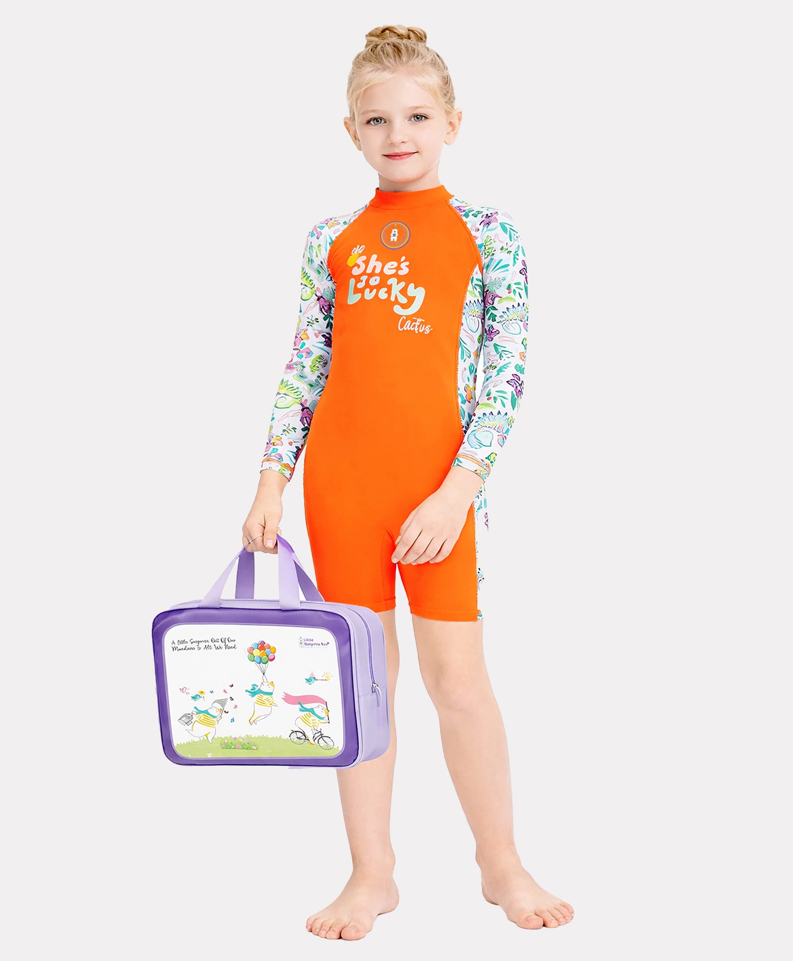 Little Surprise Box Spandex Full Sleeves Shes So Lucky Text Printed Swimsuit - Orange-image-32