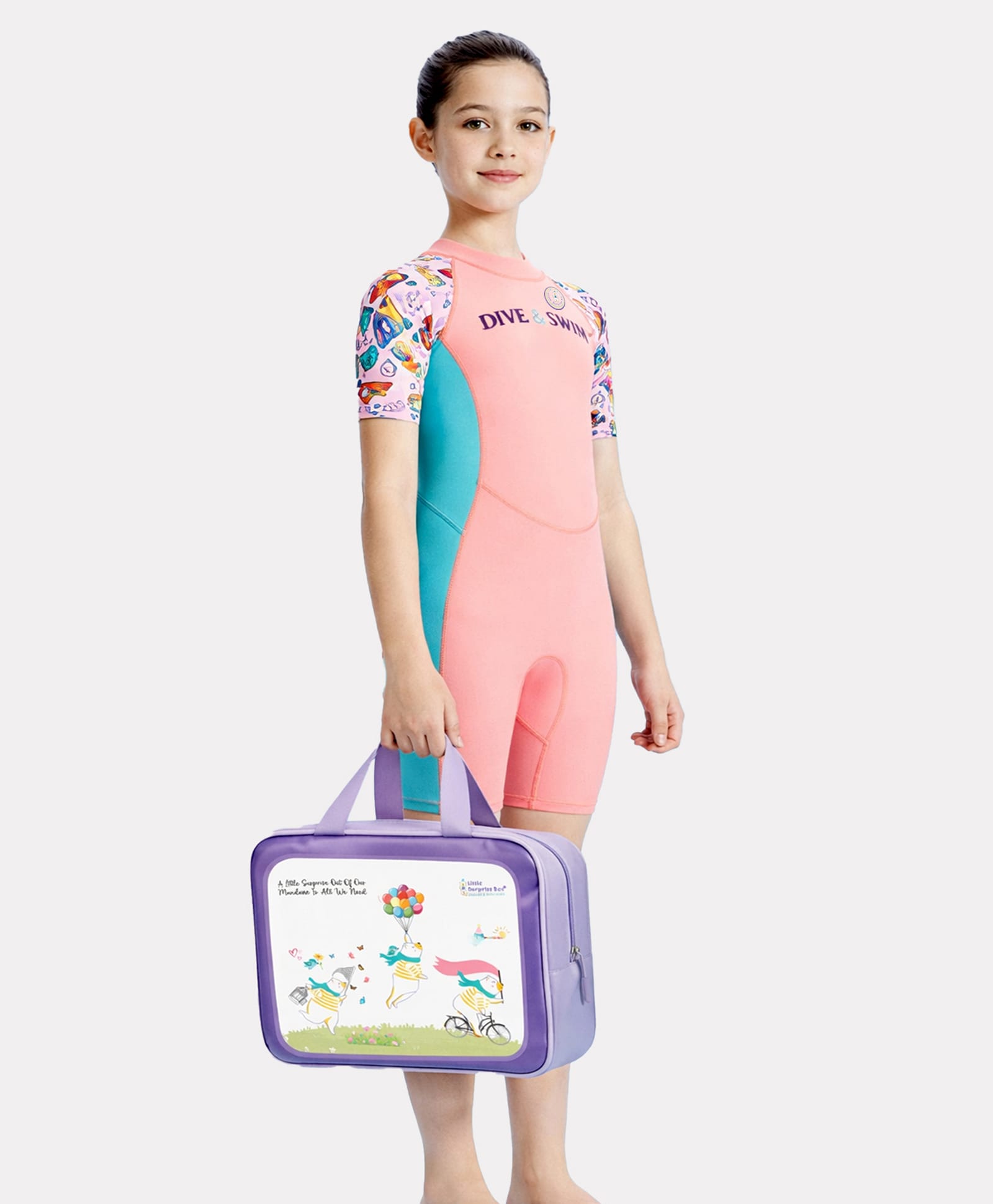 Little Surprise Box Spandex Half Sleeves Dive & Sail Text Printed Swimsuit With Free Washbag - Pink-picture-14