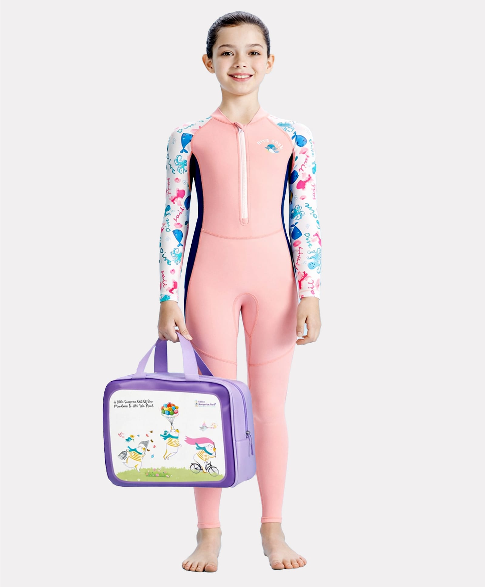 Little Surprise Box Spandex Full Sleeves Whales & Dolphins Printed Swimsuit With Free Washbag - Pink-picture-18