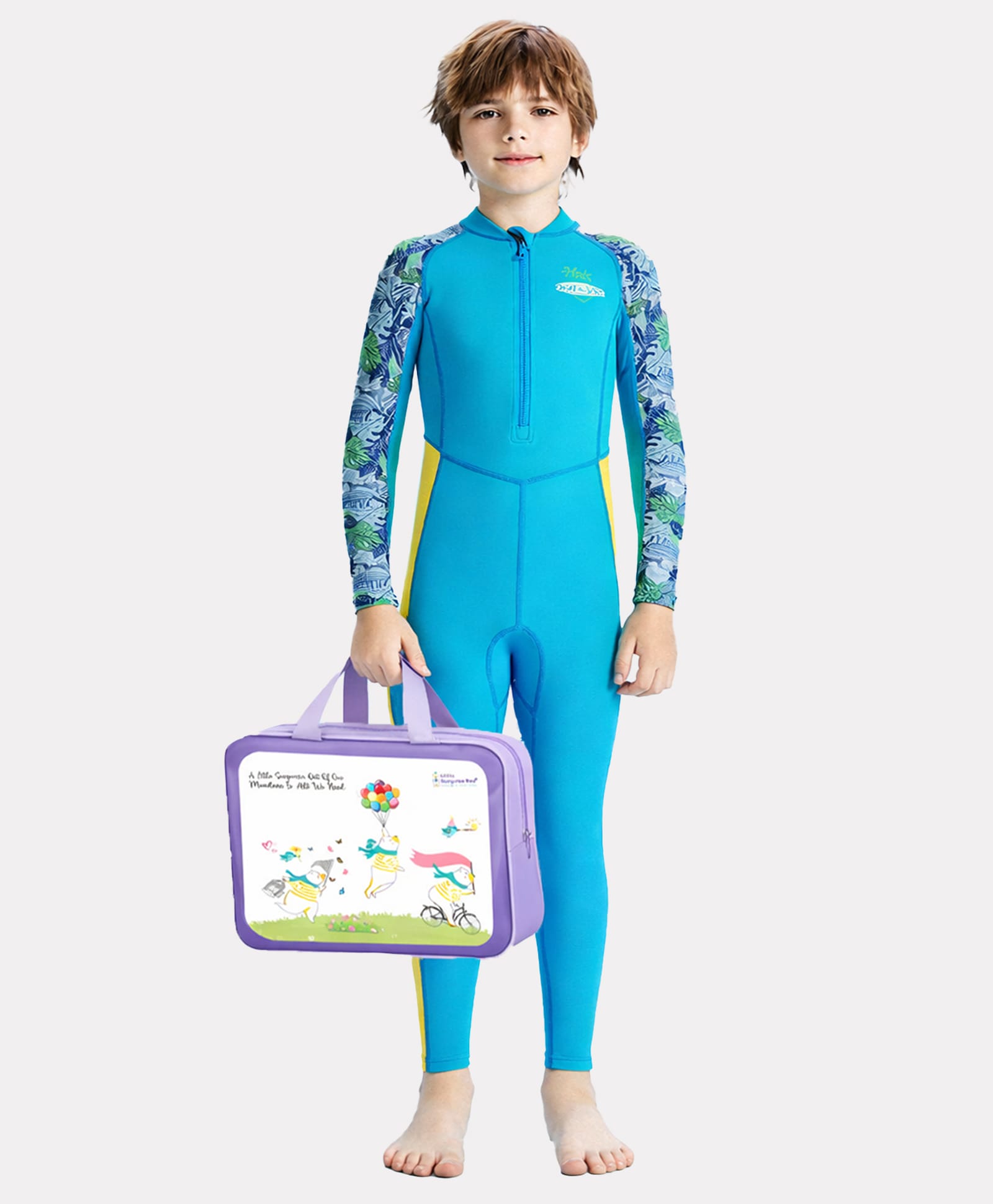 Little Surprise Box Spandex Full Sleeves Leaves Printed Swimsuit With Free Washbag - Blue-picture-13