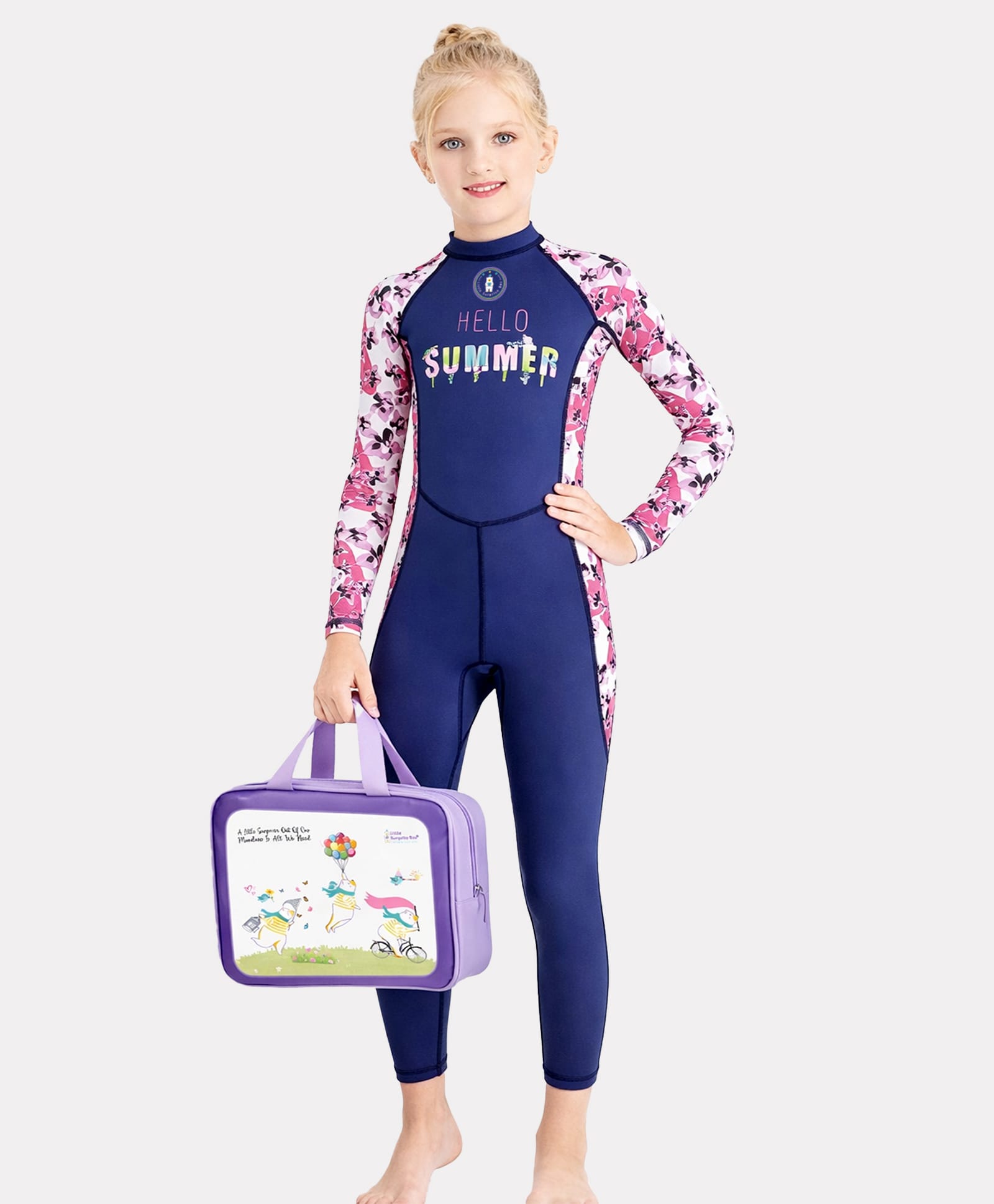 Little Surprise Box Spandex Full Sleeves Floral Printed Swimsuit With Free Washbag - Navy Blue-picture-15