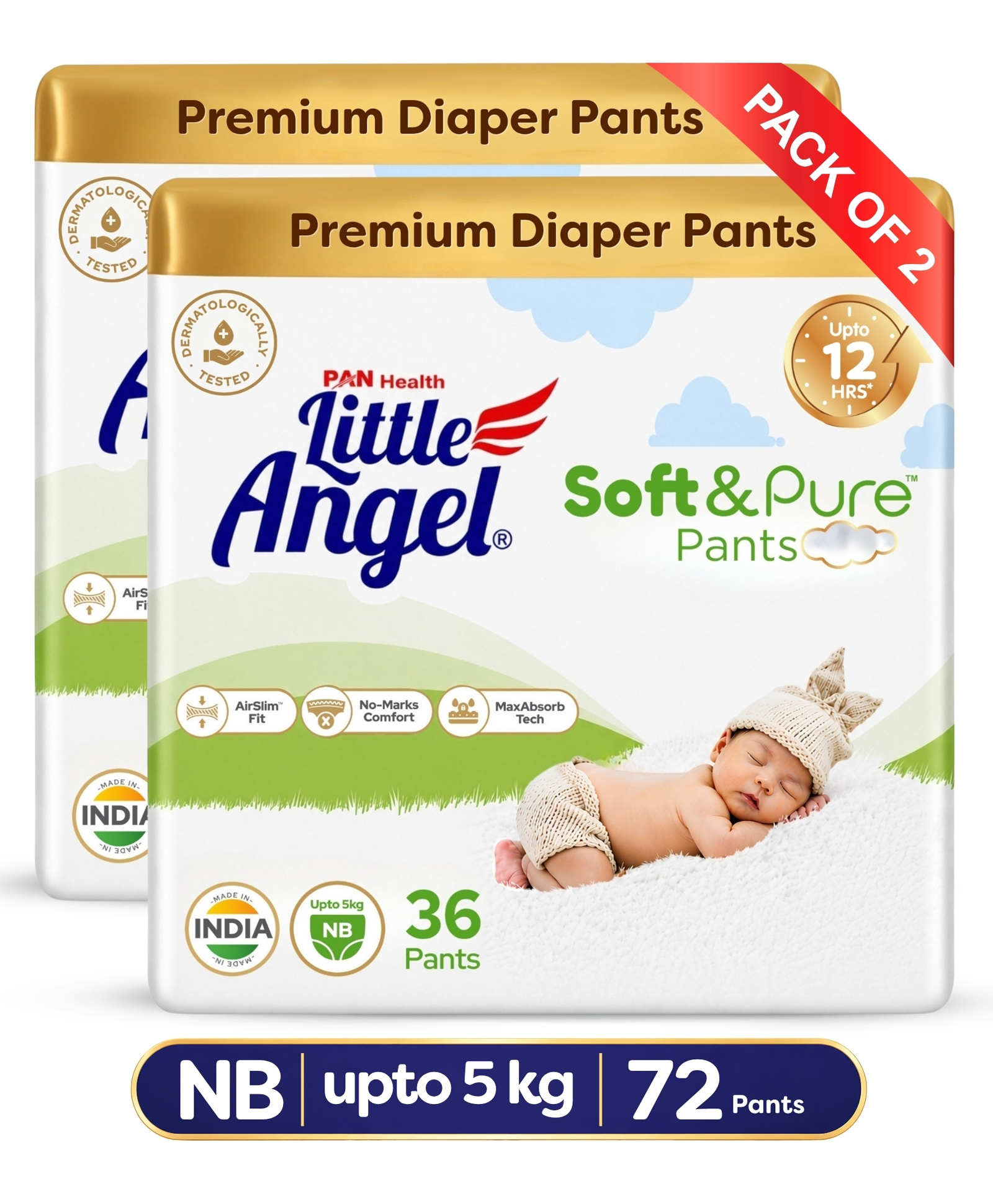 Little Angel Soft & Pure Baby Diaper Pants | 12 Hours Absorption | Calendula Infused Rash-Free Comfort | Breathable AirSlim Fit & Dermatologically Tested | New Born (Up to 5 kg) - 72 Pieces-image-4
