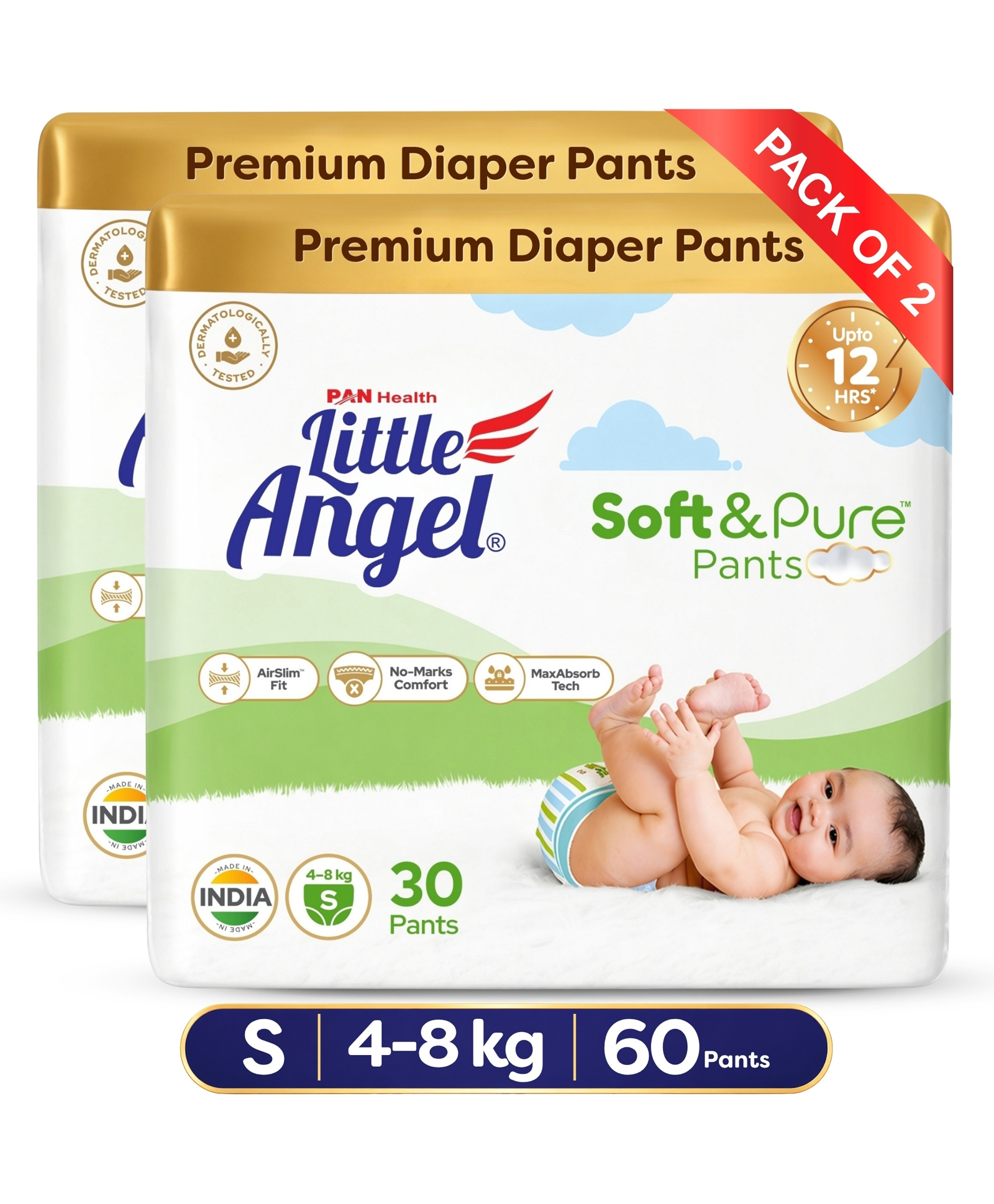 Little Angel Soft & Pure Baby Diaper Pants 12 Hours Absorption, Calendula Infused, AirSlim Fit Small (4-8 kg) - 60 Pieces-picture-17