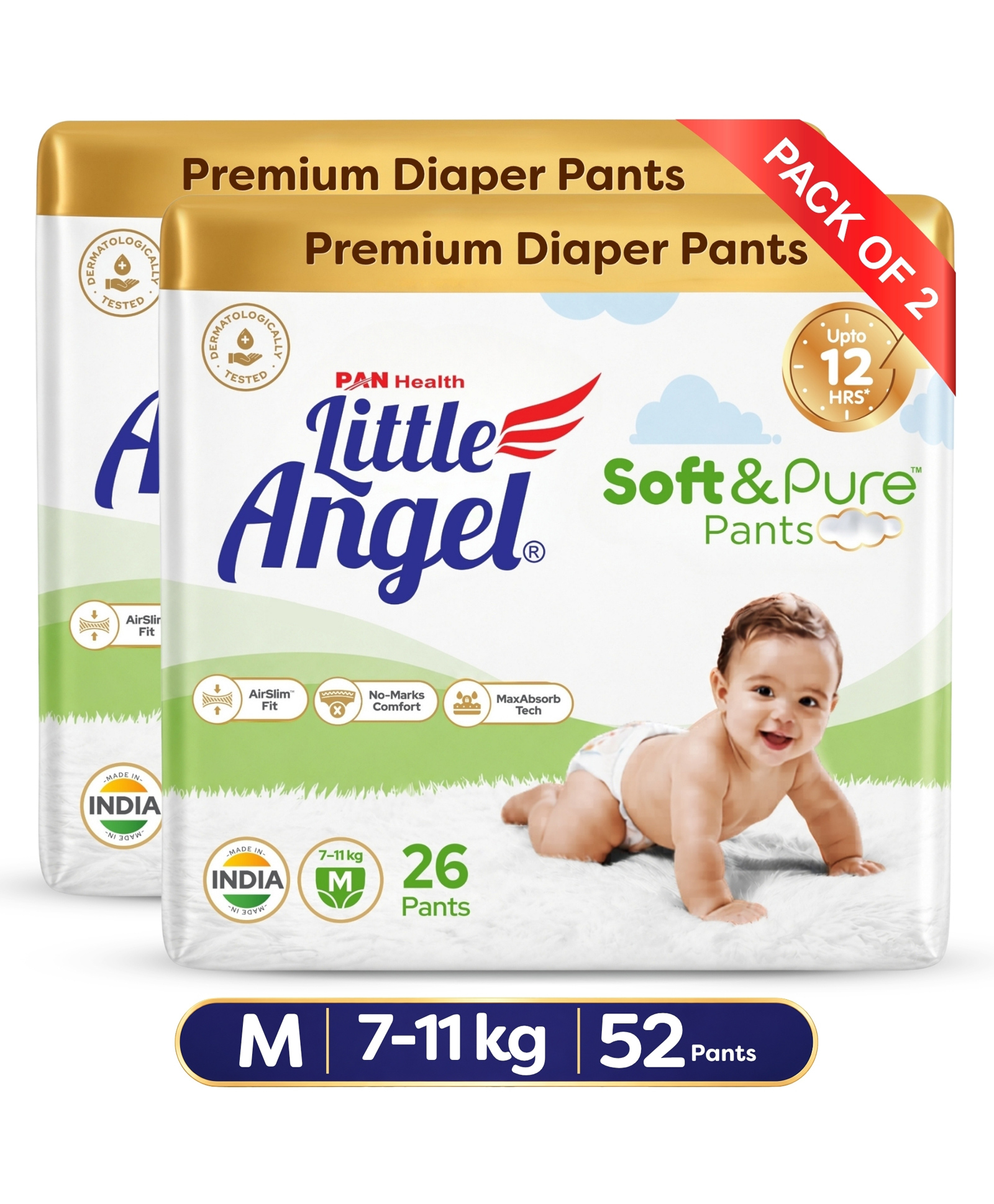 Little Angel Soft & Pure Baby Diaper Pants 12 Hours Absorption, Calendula Infused, AirSlim Fit Medium (7-12 kg) - 52 Pieces-image-46