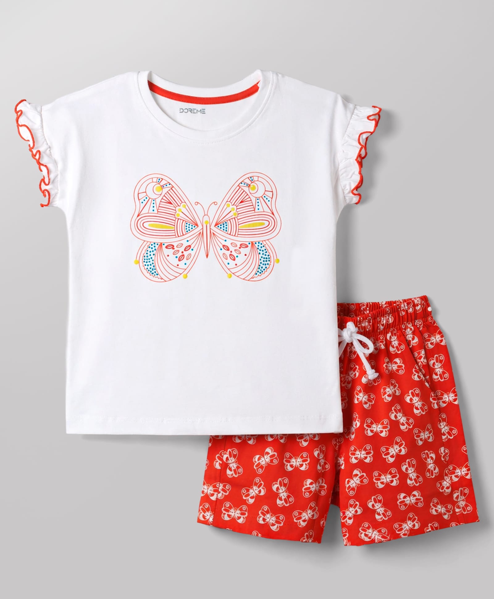 Doreme Single Jersey Knit Half Sleeves Butterfly Printed Top & Shorts Set - White-picture-21