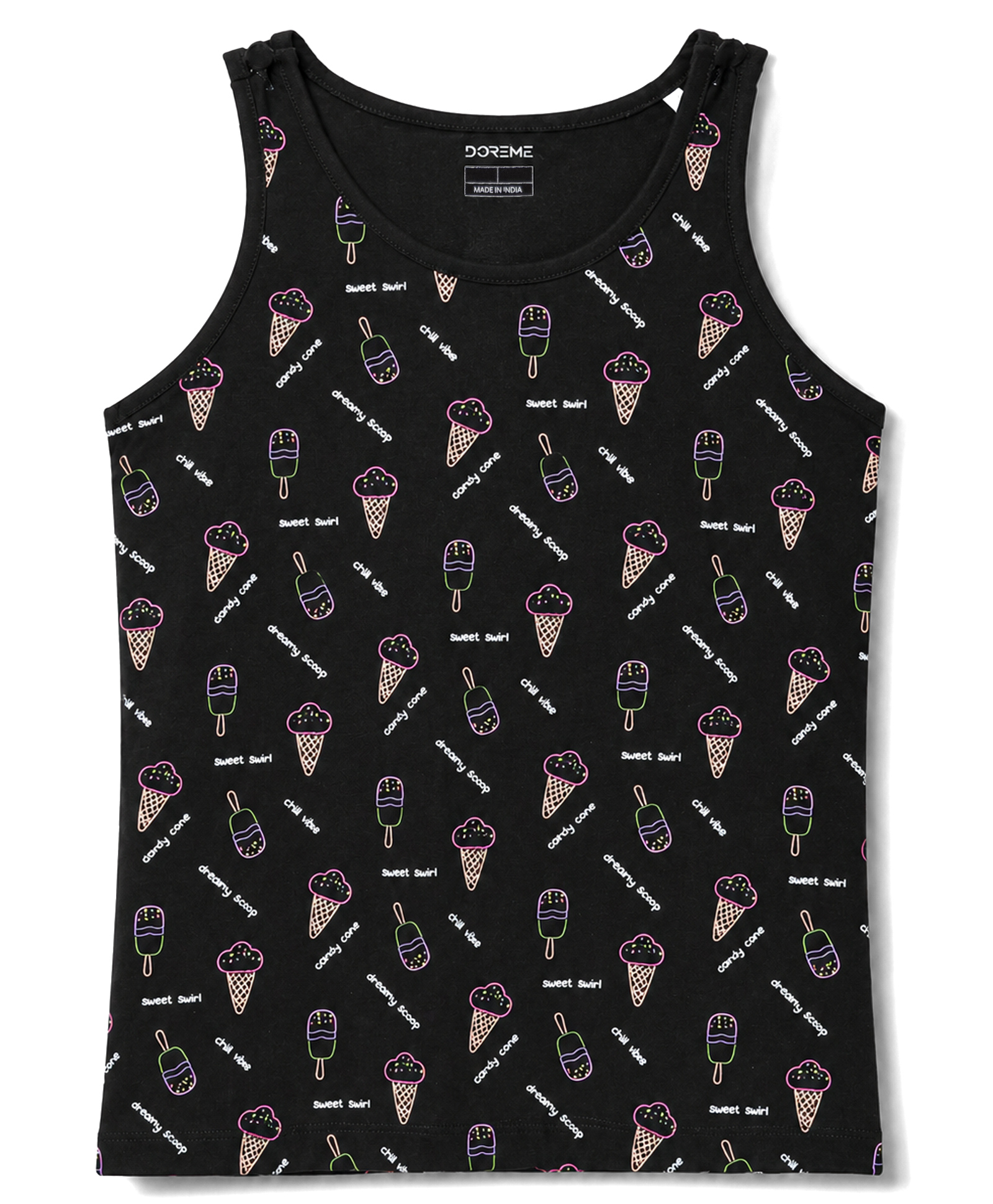Doreme Sinker Knit Sleeveless Tank T-Shirts With Ice-Cream Print- Black-image-13