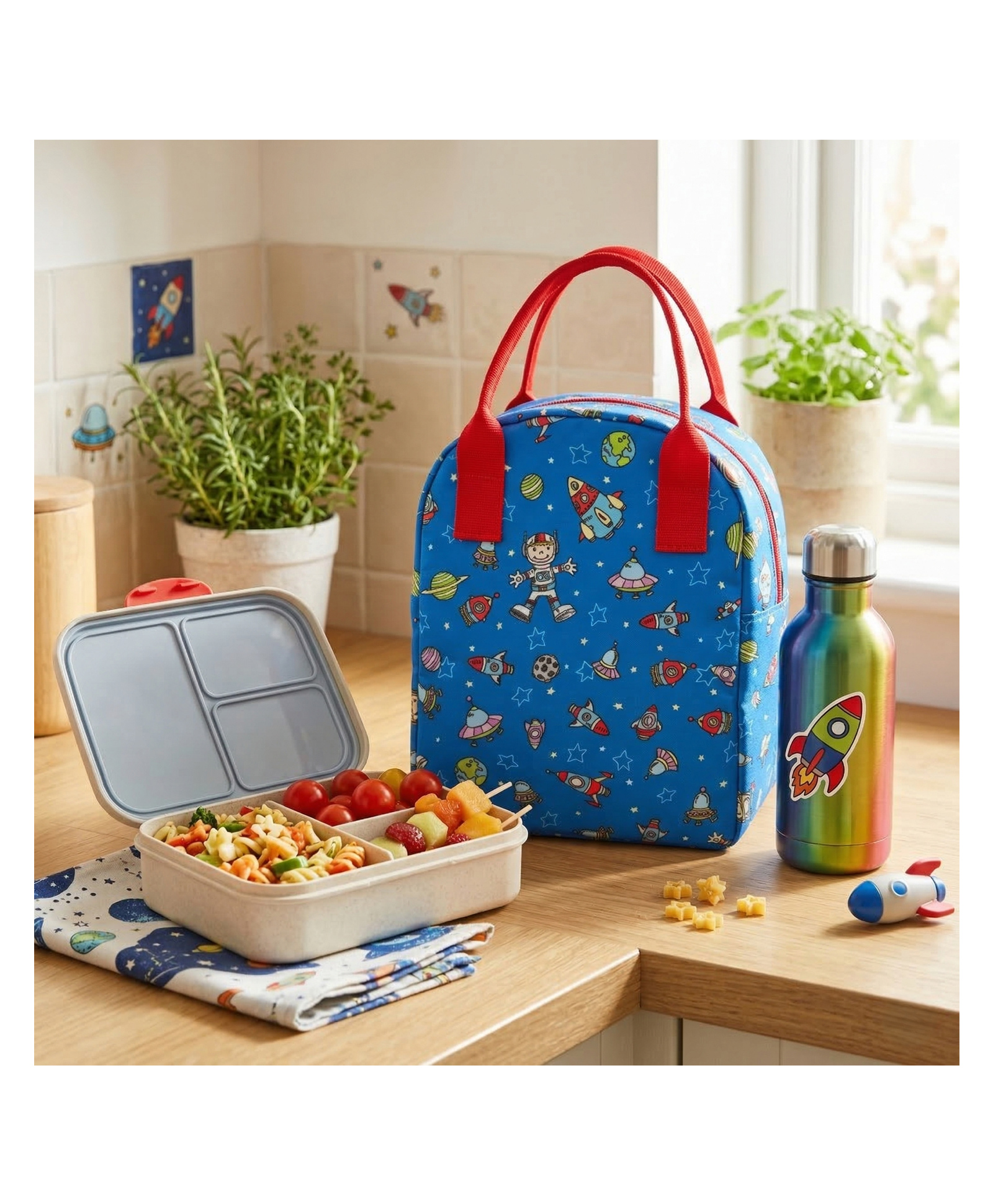 HOOM Kids Insulated Lunch Bag with Thermal Foil Lining & Mesh Pocket With Space Print -Blue-image-20