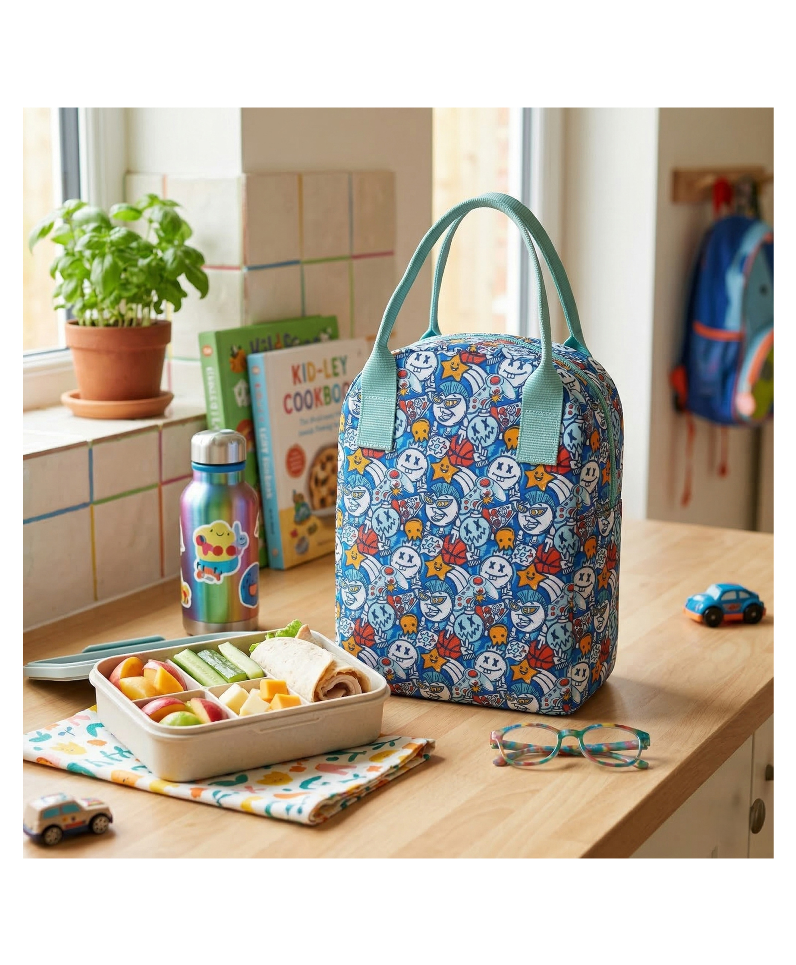 HOOM Kids Insulated Lunch Bag with Thermal Foil Lining & Mesh Pocket With Fun Doodle Print - Sky Blue-image-6
