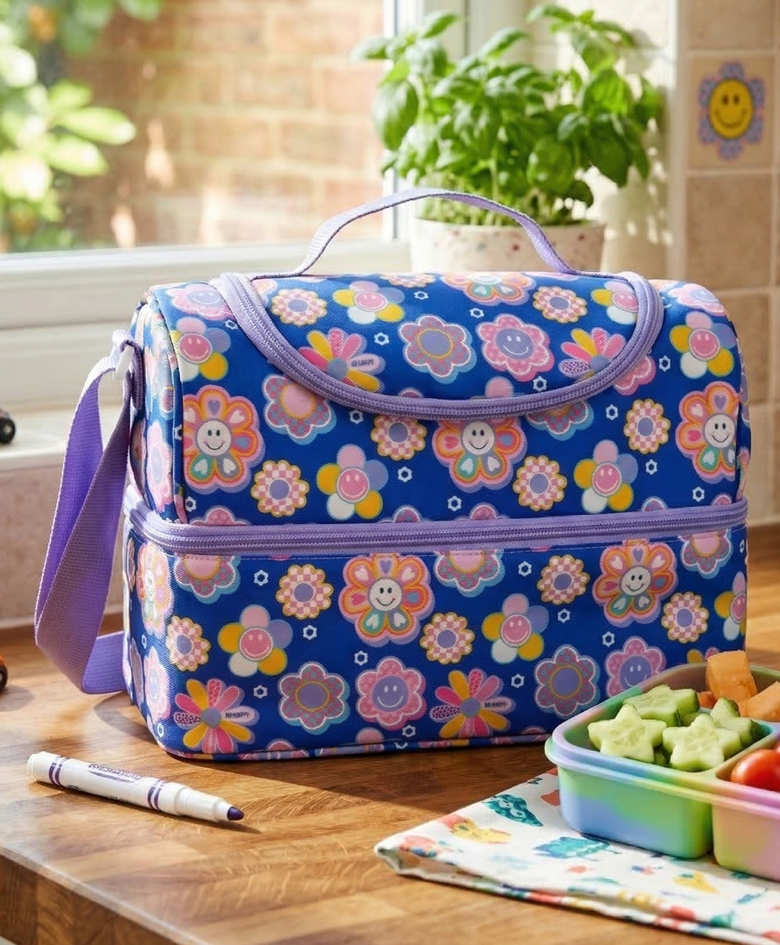 HOOM Kids Insulated Lunch Bag With Aluminium Foil Thermal Lining Double Compartment With Smiley Flower Print - Navy Blue-image-23