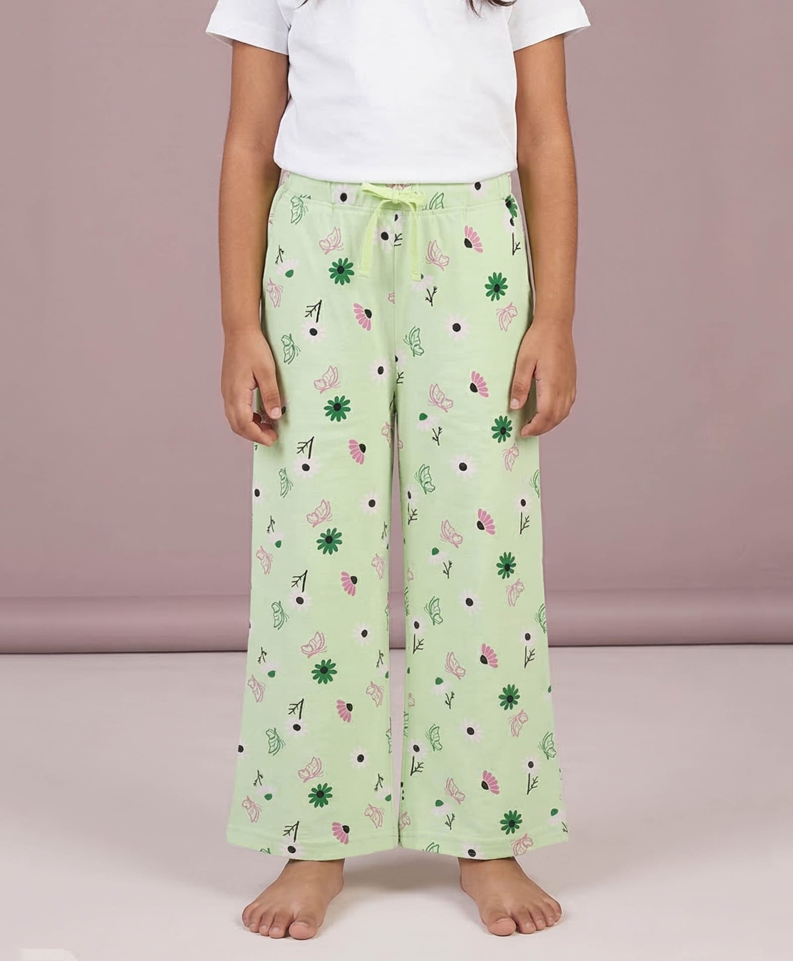 Kiddopanti Cotton Knit Floral & Butterfly Printed Pajama - Mint Lime-picture-24