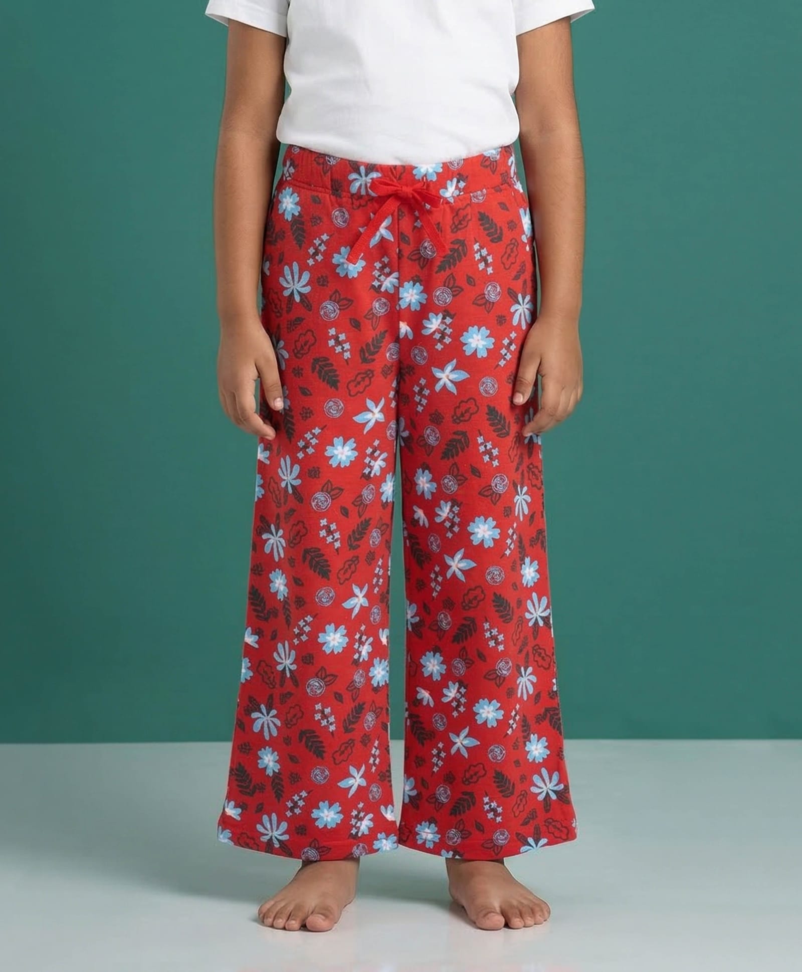 Kiddopanti Cotton Knit Floral & Leaves Printed Pajama - Cherry Red-picture-28