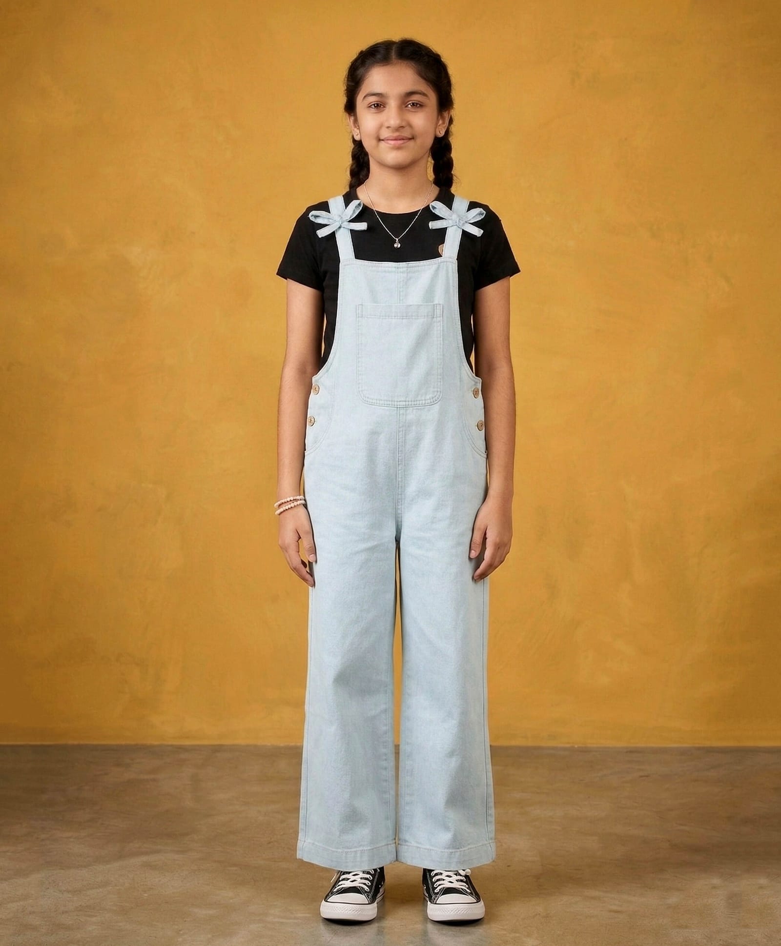 Kiddopanti Denim Woven Sleeveless Bow Applique Detailed Washed Dungaree - Blue-picture-32