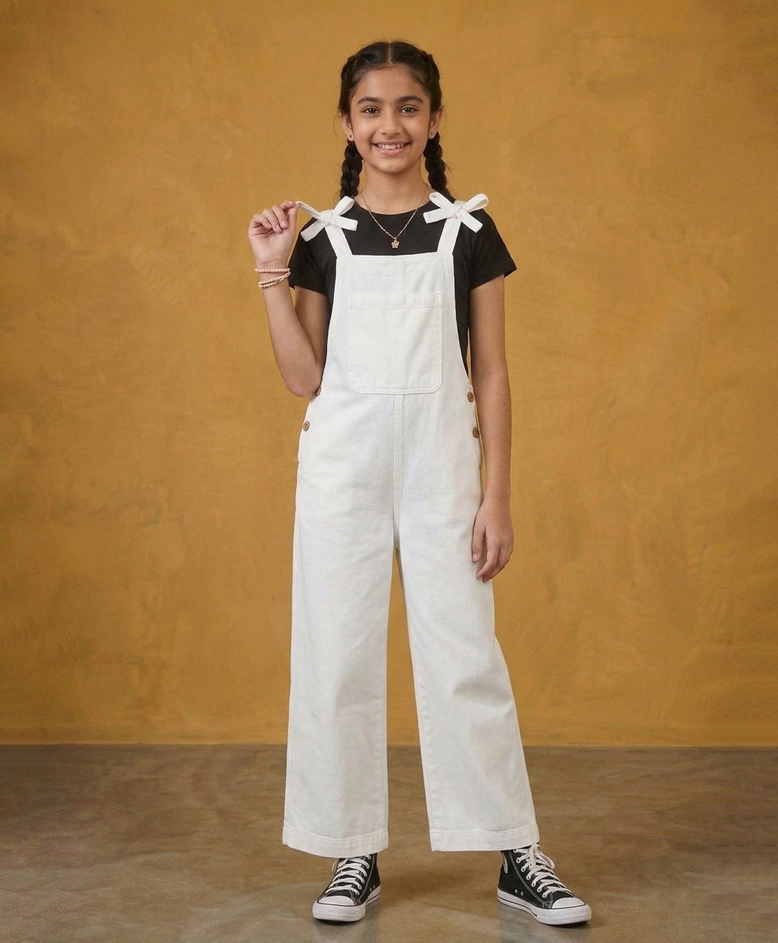 Kiddopanti Denim Woven Sleeveless Bow Applique Detailed Dungaree - White-picture-21