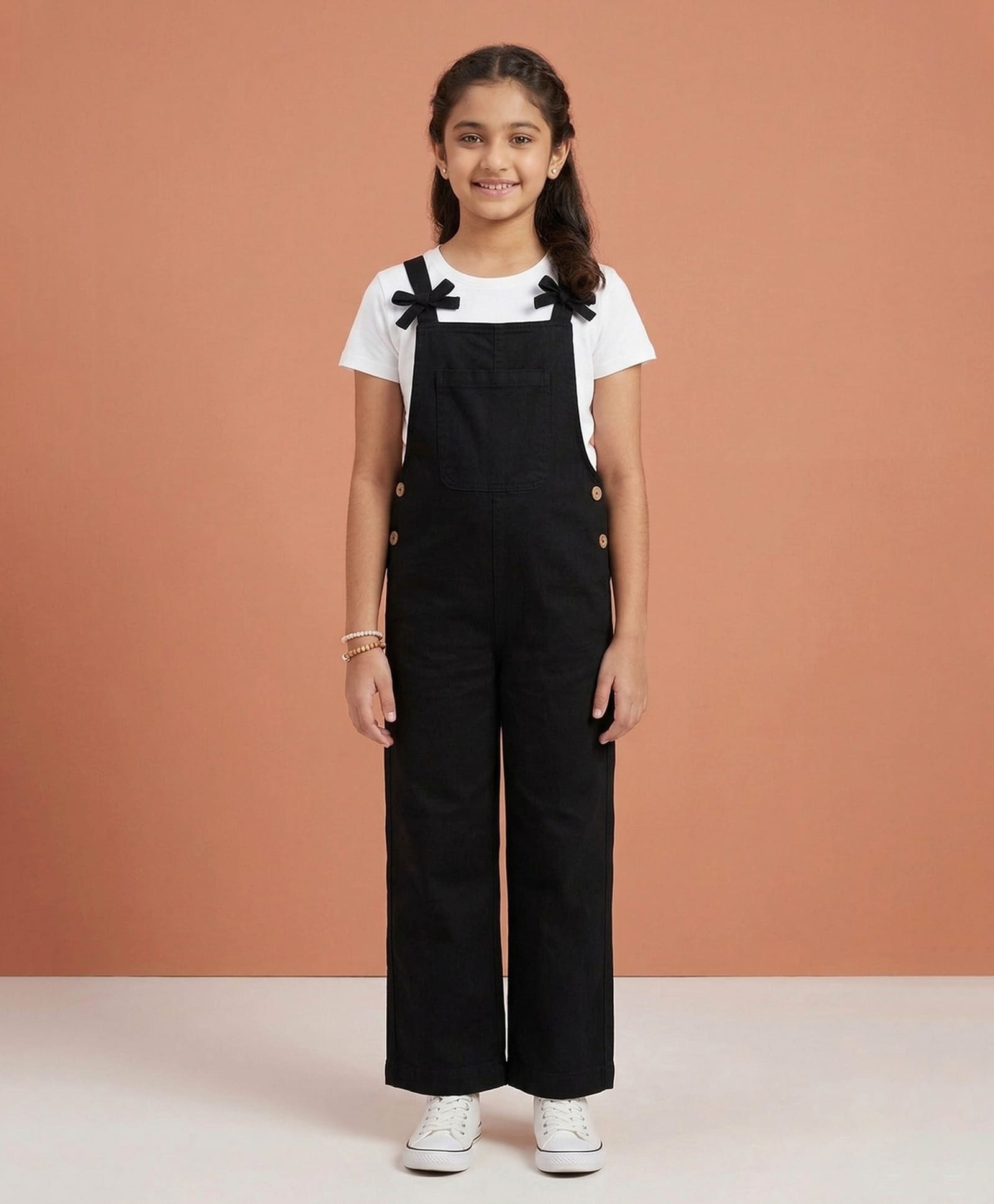 Kiddopanti Denim Woven Sleeveless Bow Applique Detailed Dungaree - Black-picture-24