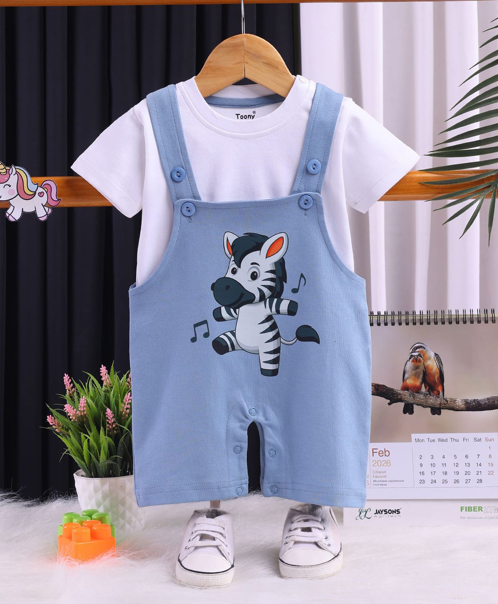 TOONYPORT Cotton Knit Zebra Printed Dungaree With Half Sleeves Solid Tee - Blue-image-11