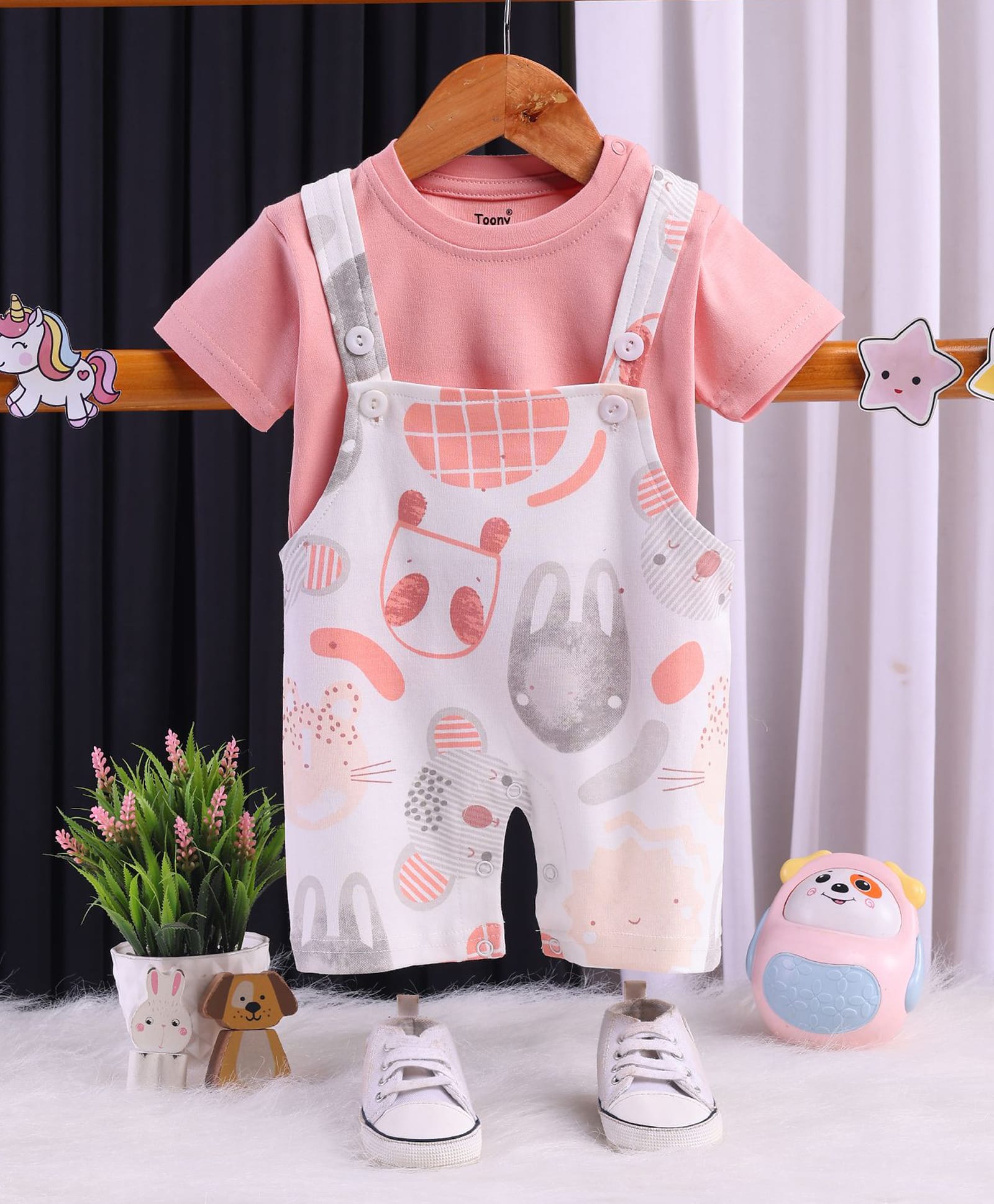 TOONYPORT Cotton Knit Animal Printed Dungaree With Half Sleeves Solid Tee - Orange-image-10
